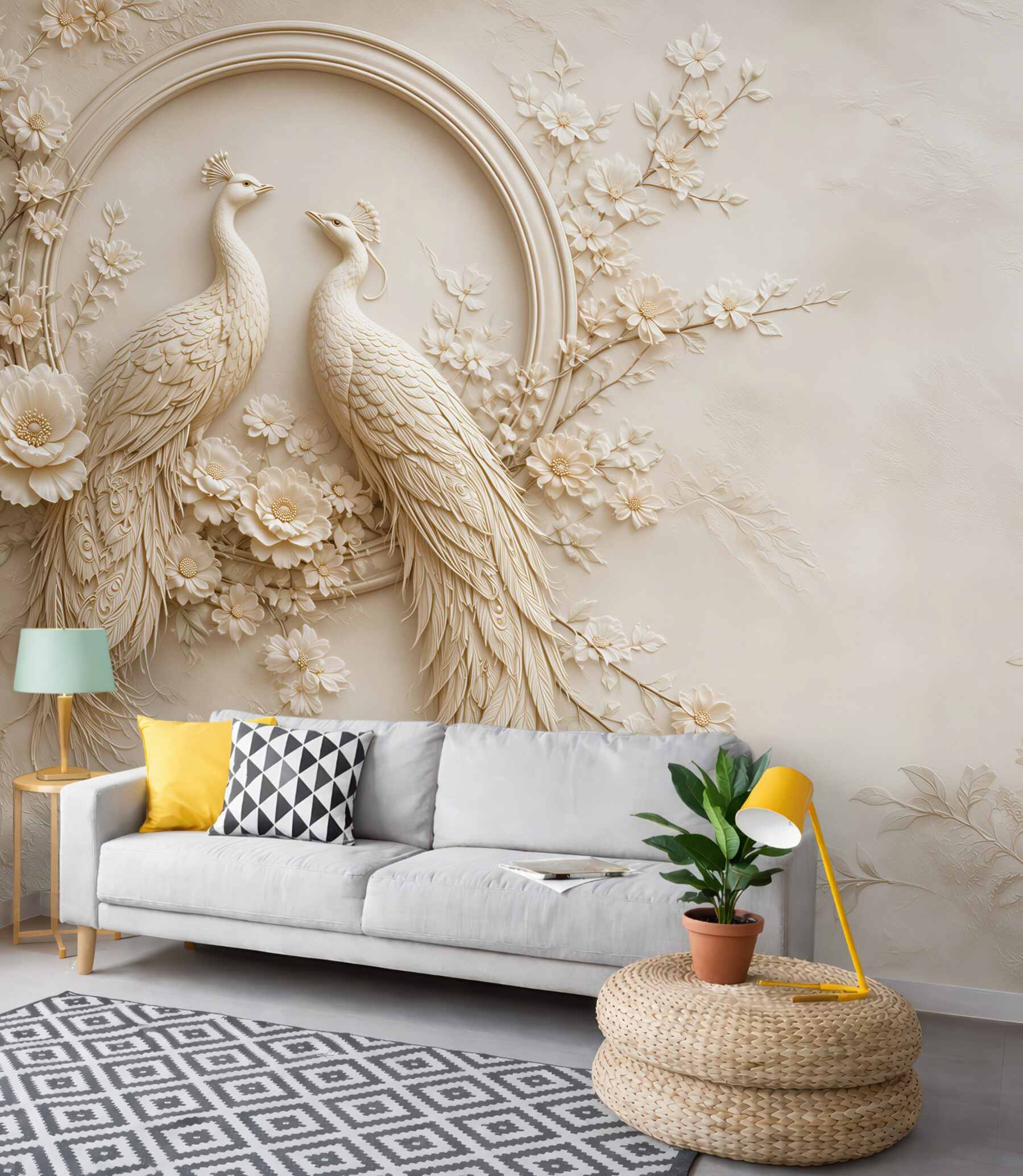 Fototapeta pawie w kwiatach beżowa elegancja w stylu 3D