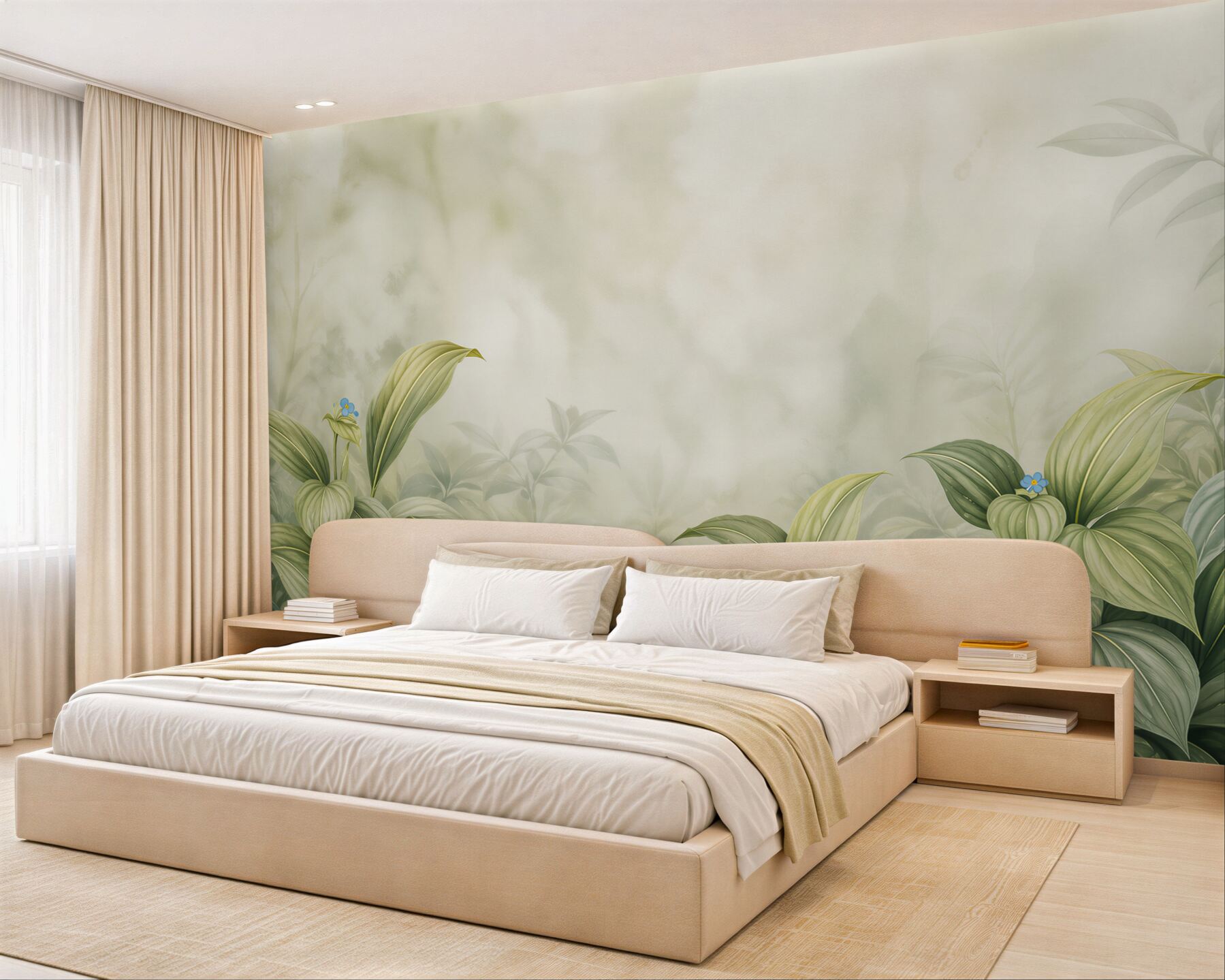 Fototapeta zielone liście z drobnymi niebieskimi kwiatami w delikatnej mgle