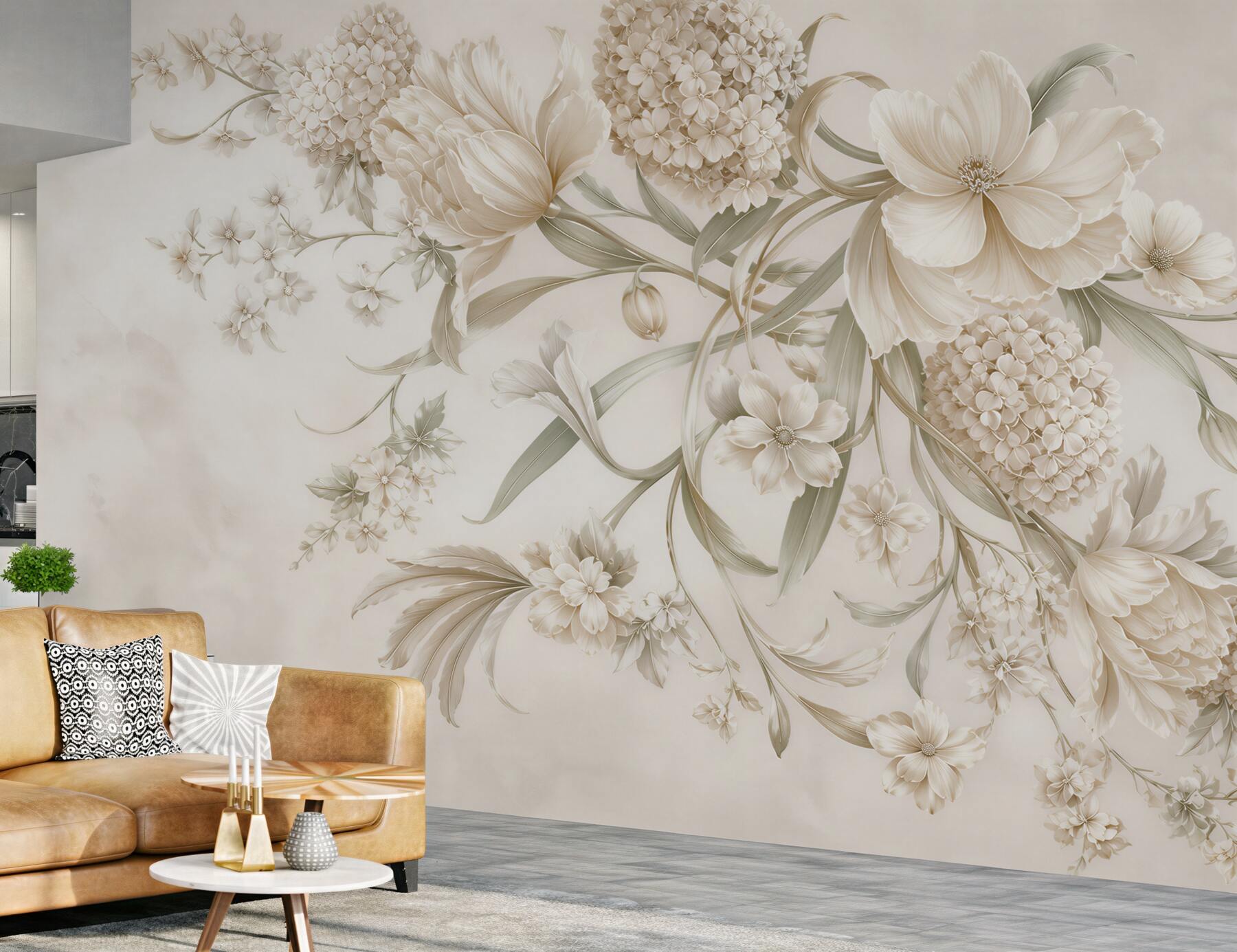 Fototapeta kremowe kwiaty 3D elegancka kompozycja floralna do salonu