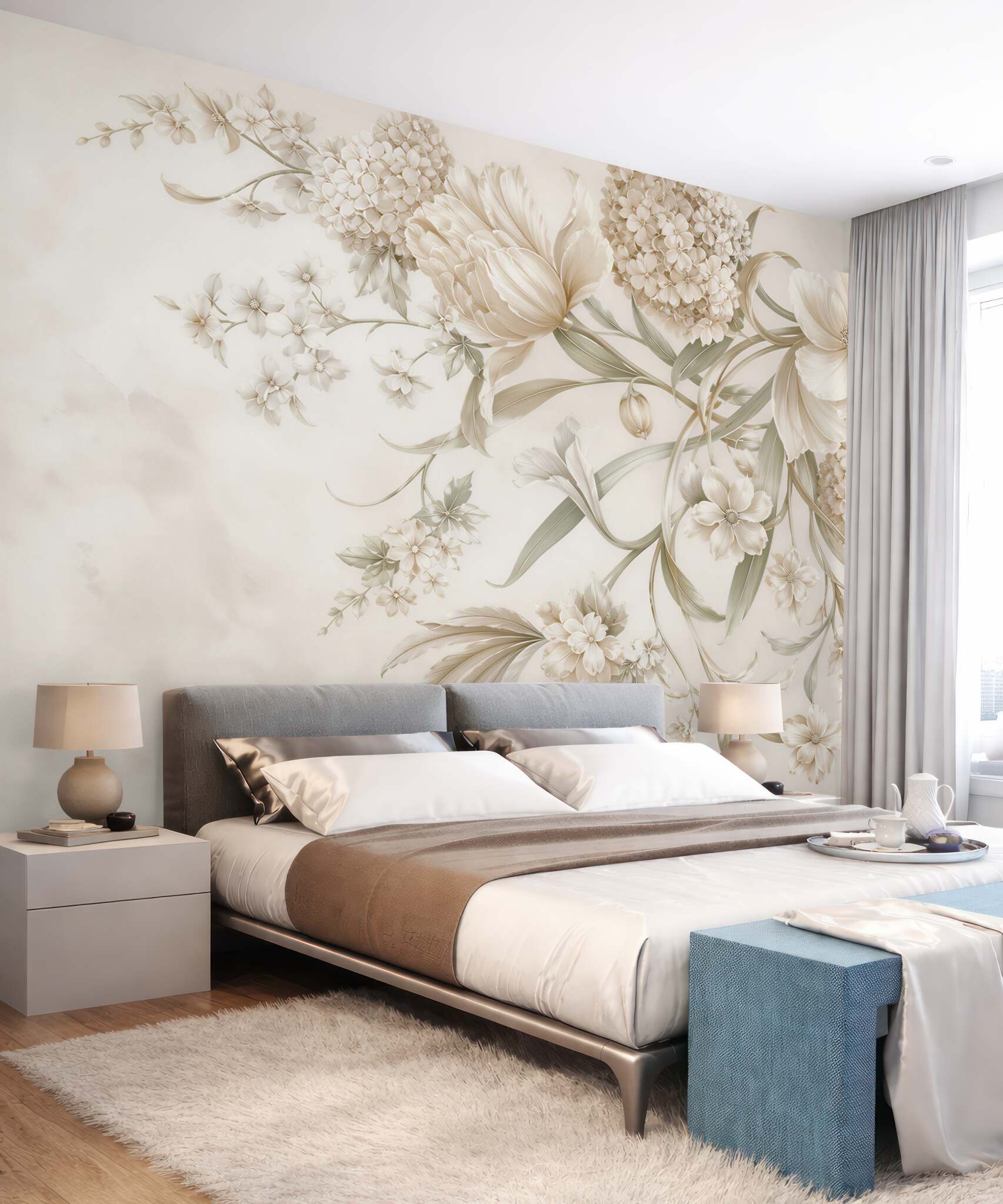 Fototapeta kremowe kwiaty 3D elegancka kompozycja floralna do salonu