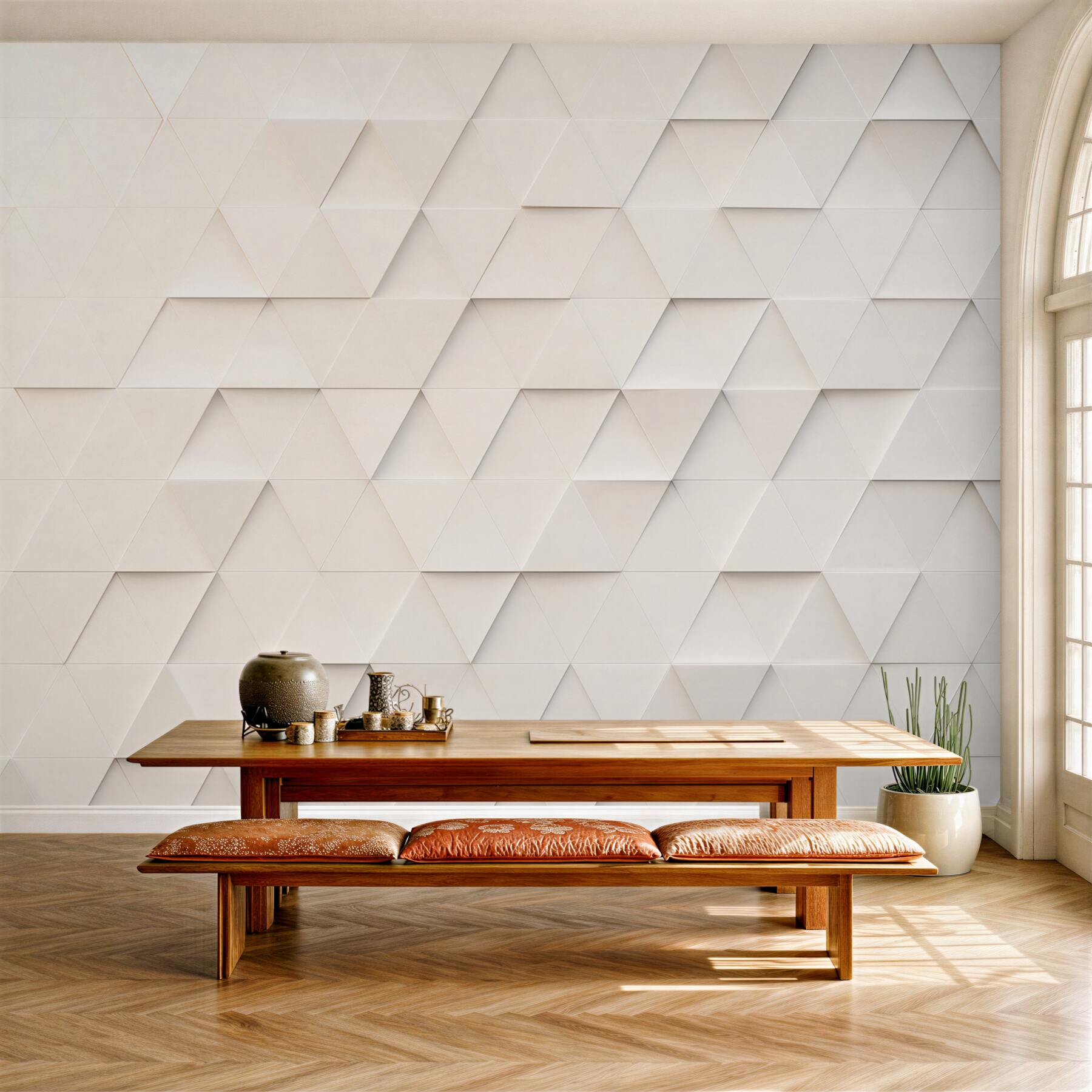 Fototapeta geometryczne trójkąty 3D beżowe nowoczesna abstrakcja