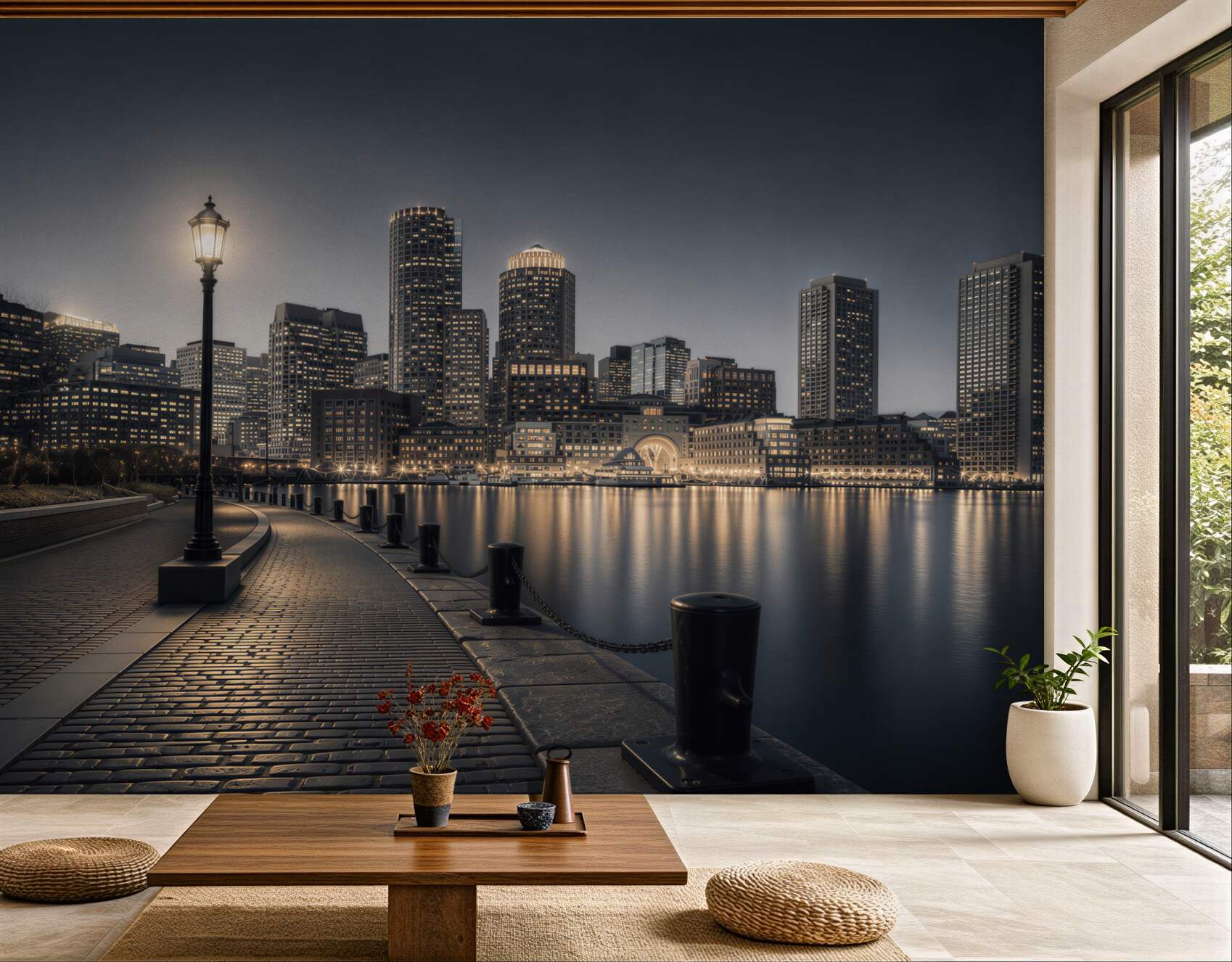 Fototapeta panorama miasta nocą nad wodą elegancka do nowoczesnego salonu