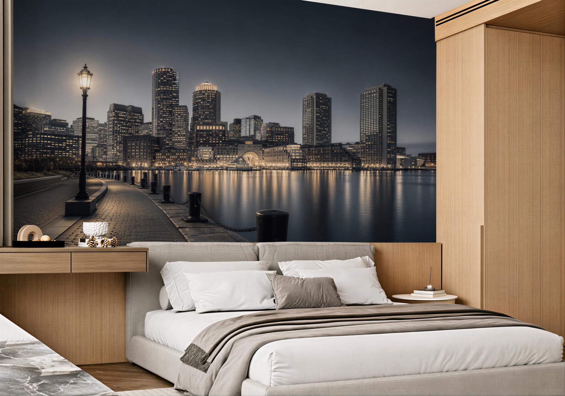 Fototapeta panorama miasta nocą nad wodą elegancka do nowoczesnego salonu