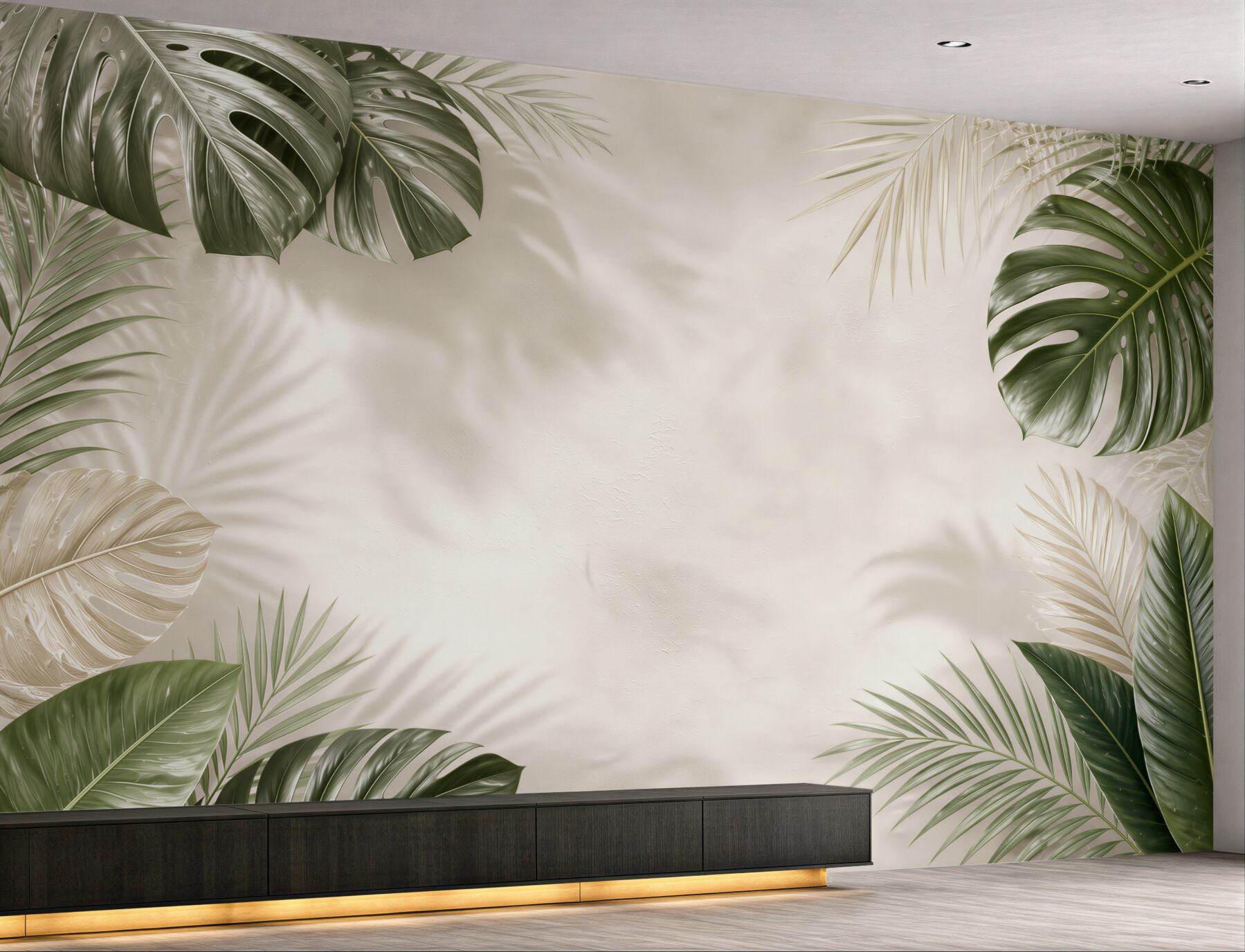 Fototapeta liście tropikalne monstera i palma na jasnym tle beżowo zielona