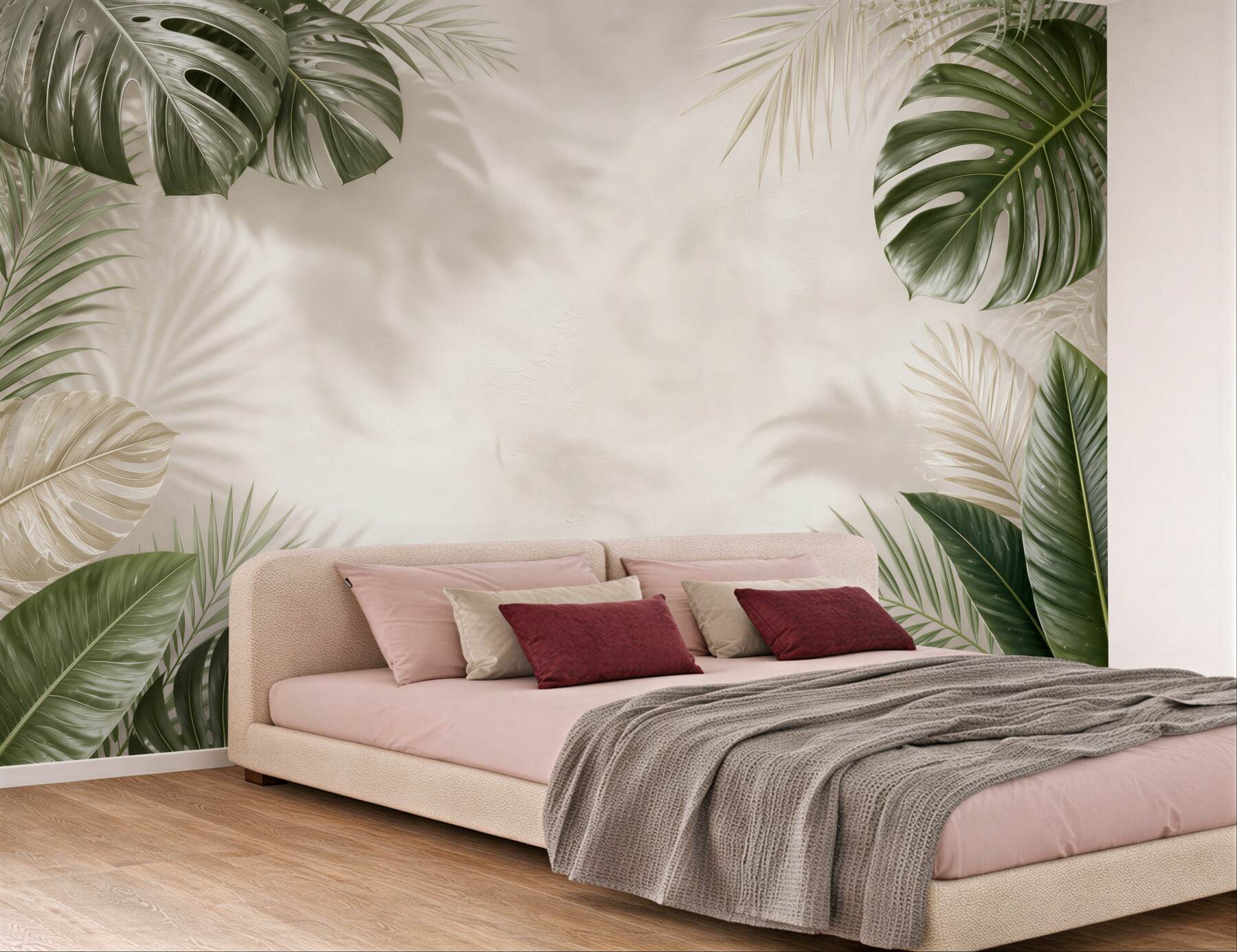Fototapeta liście tropikalne monstera i palma na jasnym tle beżowo zielona