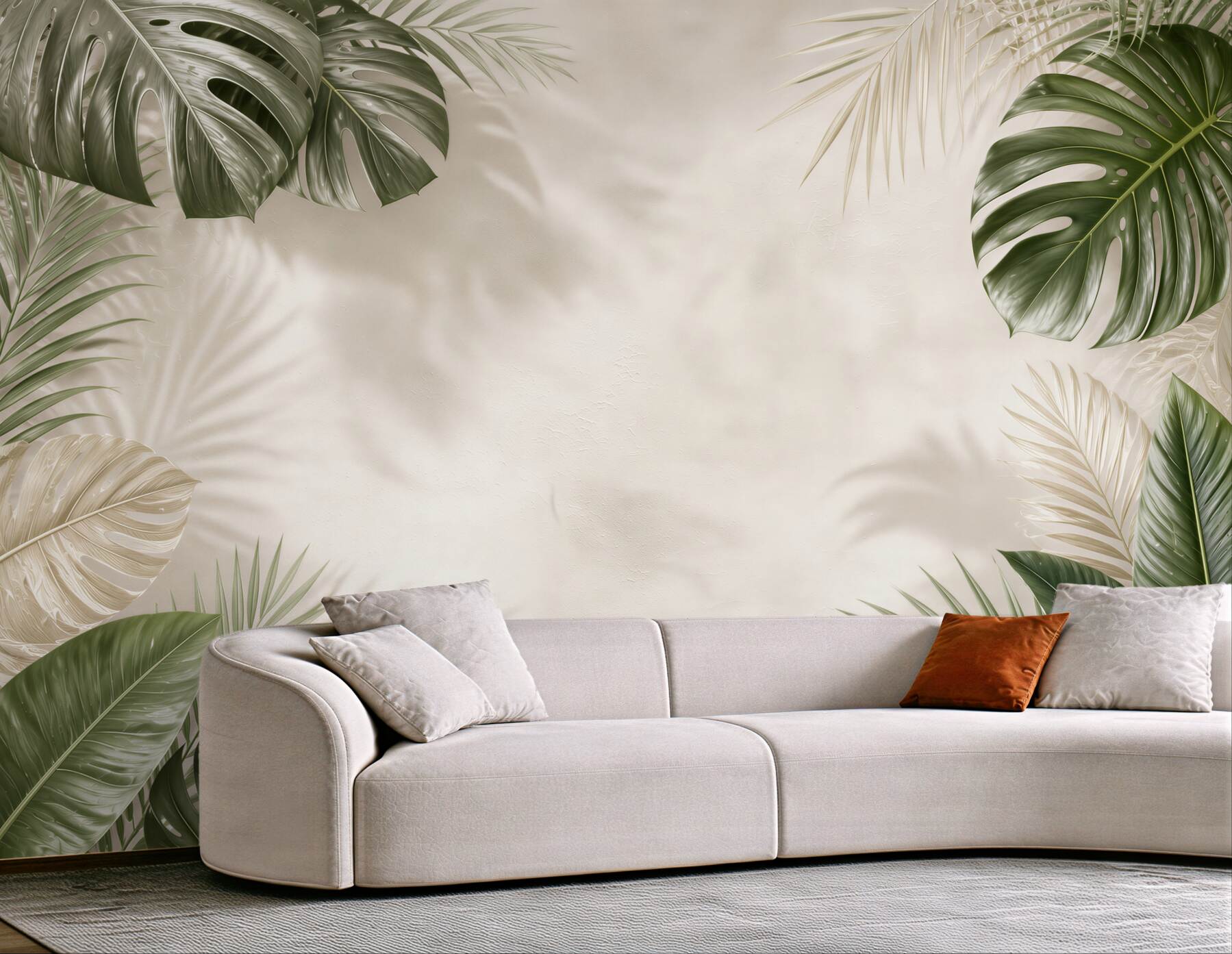 Fototapeta liście tropikalne monstera i palma na jasnym tle beżowo zielona