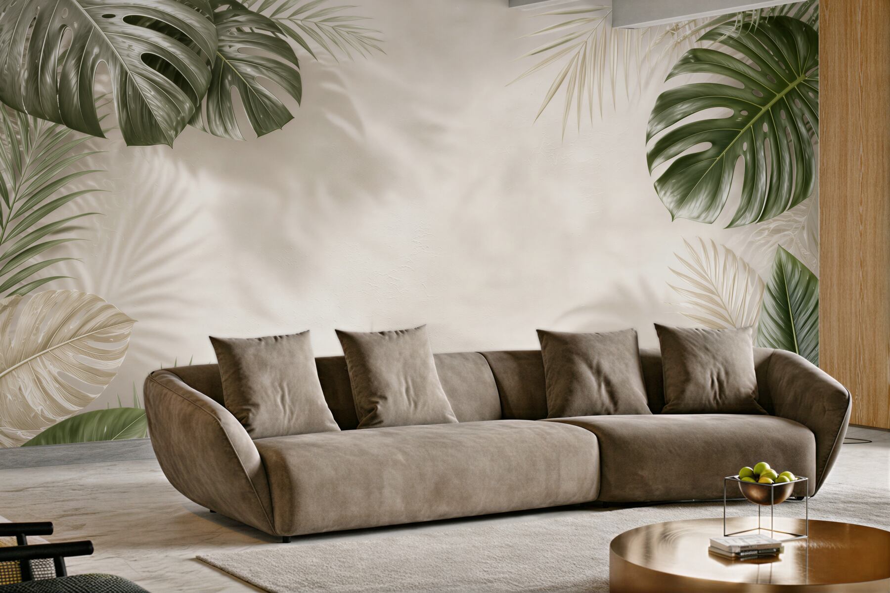 Fototapeta liście tropikalne monstera i palma na jasnym tle beżowo zielona