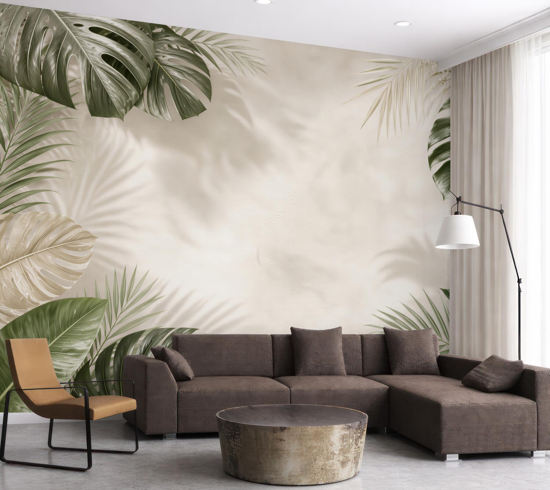 Fototapeta liście tropikalne monstera i palma na jasnym tle beżowo zielona