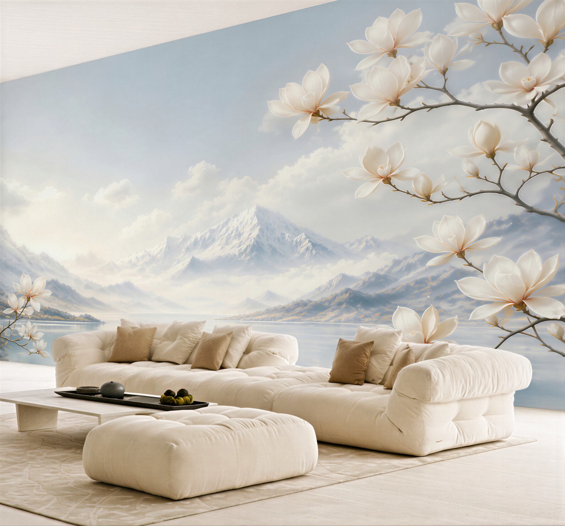 Fototapeta białe magnolie nad jeziorem i górami w pastelowych chmurach