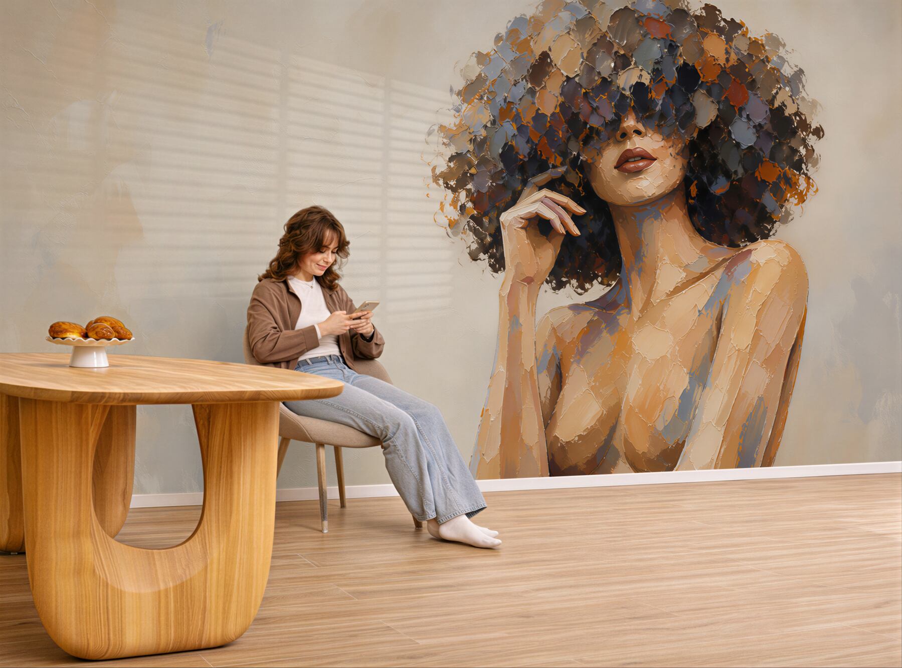 Fototapeta kobieta afro portret nowoczesny w beżowych tonach