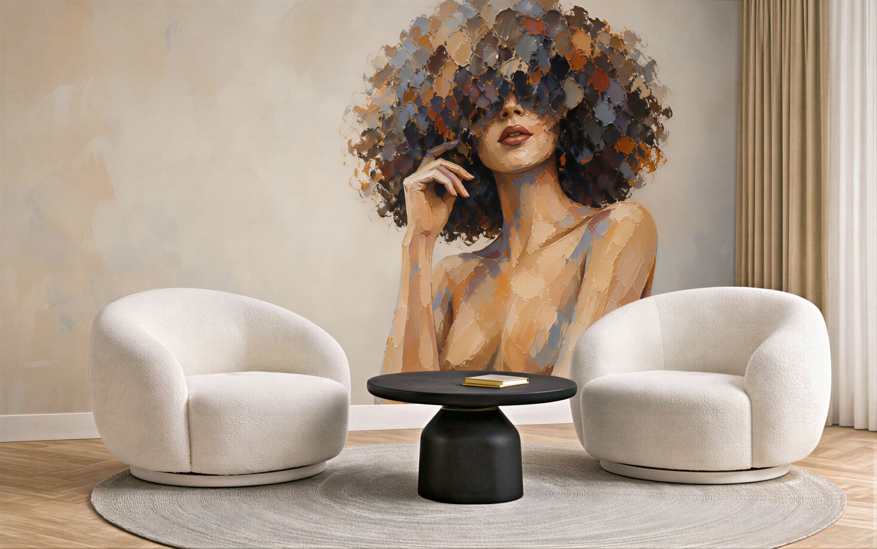 Fototapeta kobieta afro portret nowoczesny w beżowych tonach
