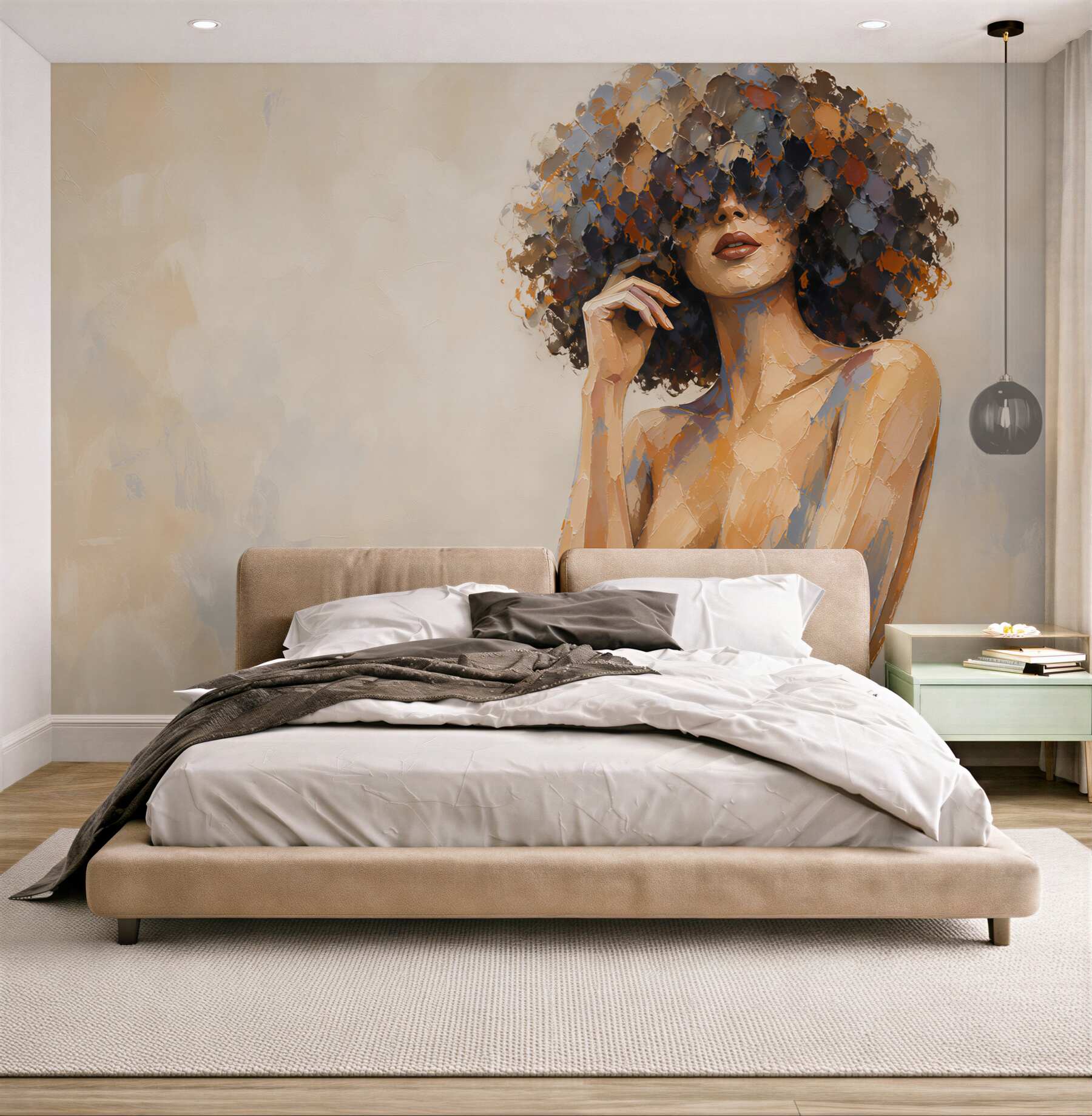 Fototapeta kobieta afro portret nowoczesny w beżowych tonach