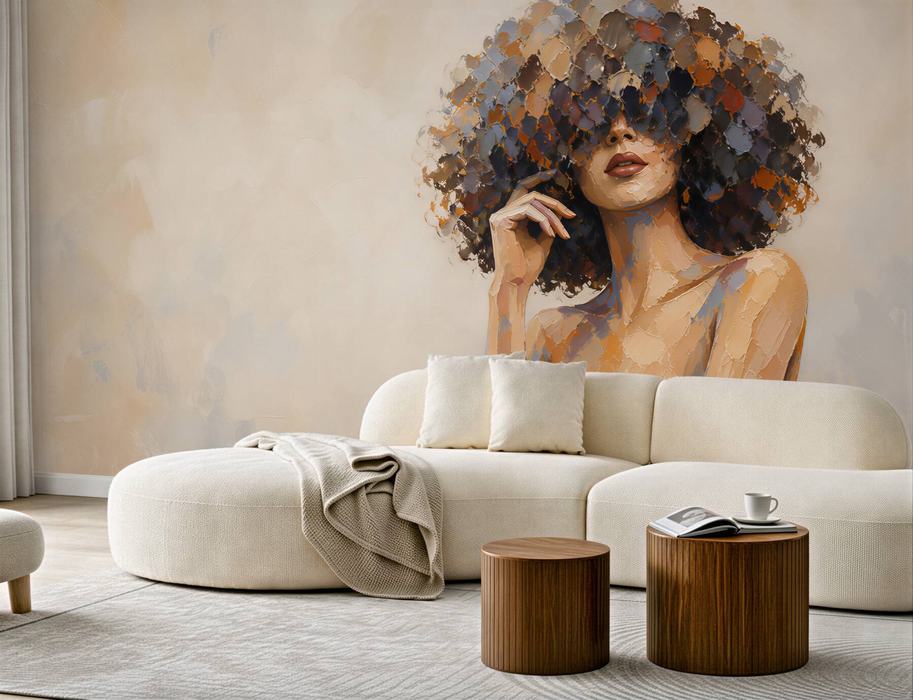 Fototapeta kobieta afro portret nowoczesny w beżowych tonach