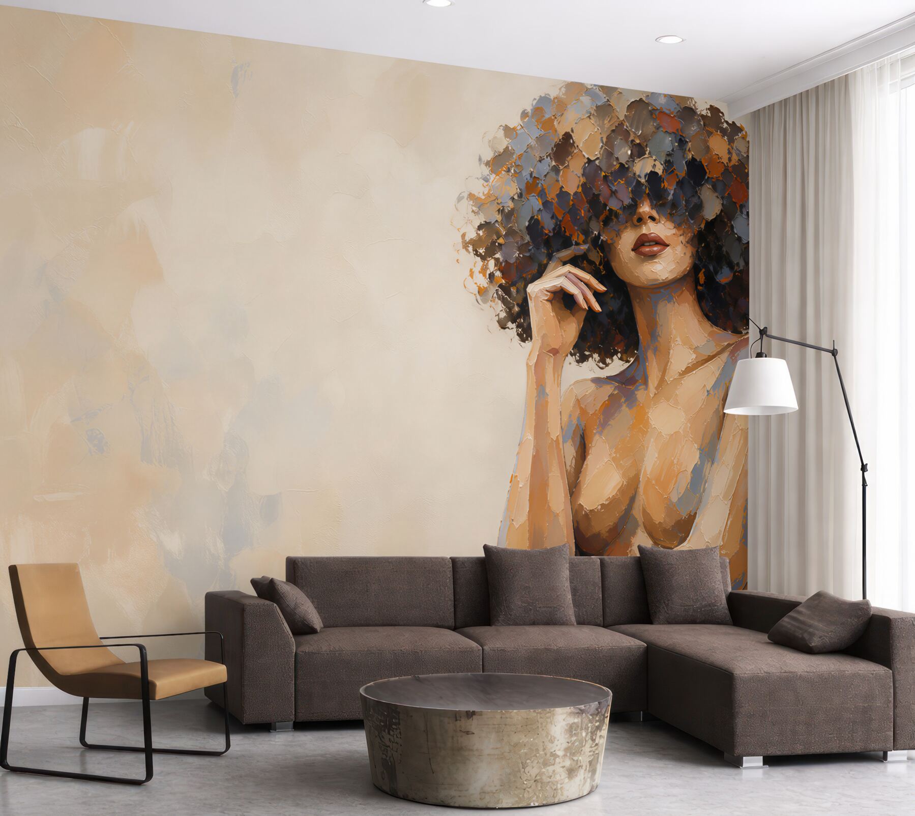 Fototapeta kobieta afro portret nowoczesny w beżowych tonach
