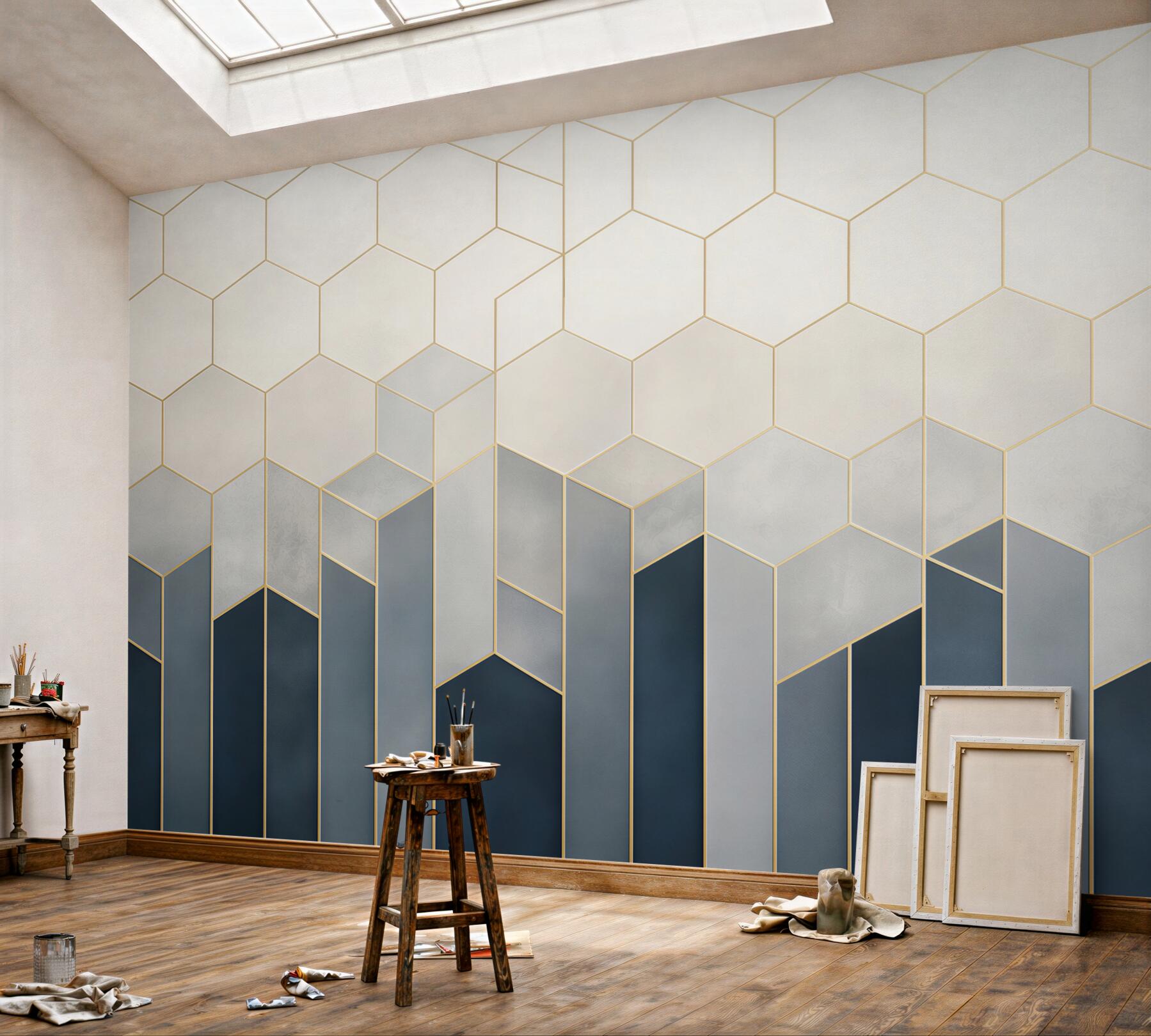 Fototapeta geometryczne heksagony granatowo złote nowoczesny wzór 3D
