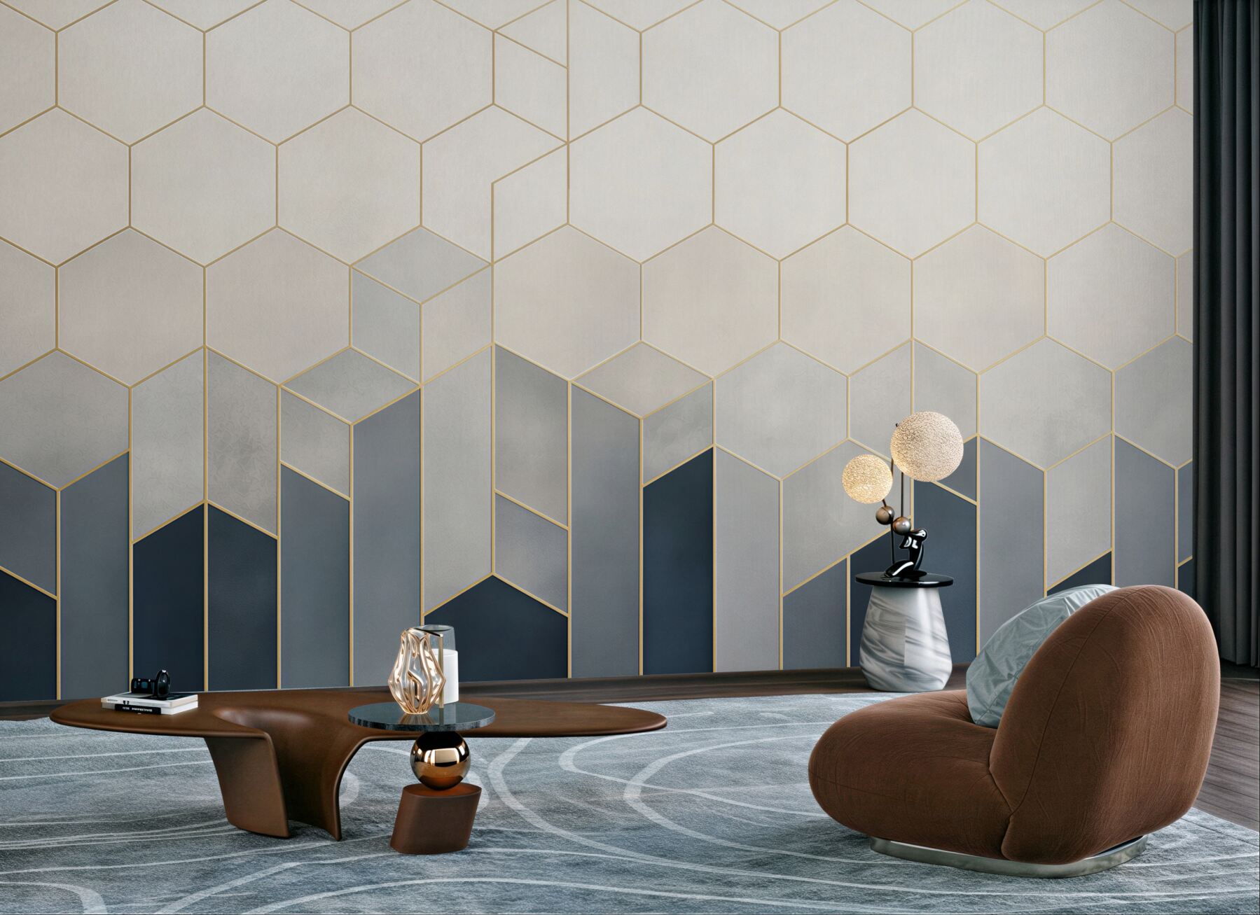 Fototapeta geometryczne heksagony granatowo złote nowoczesny wzór 3D