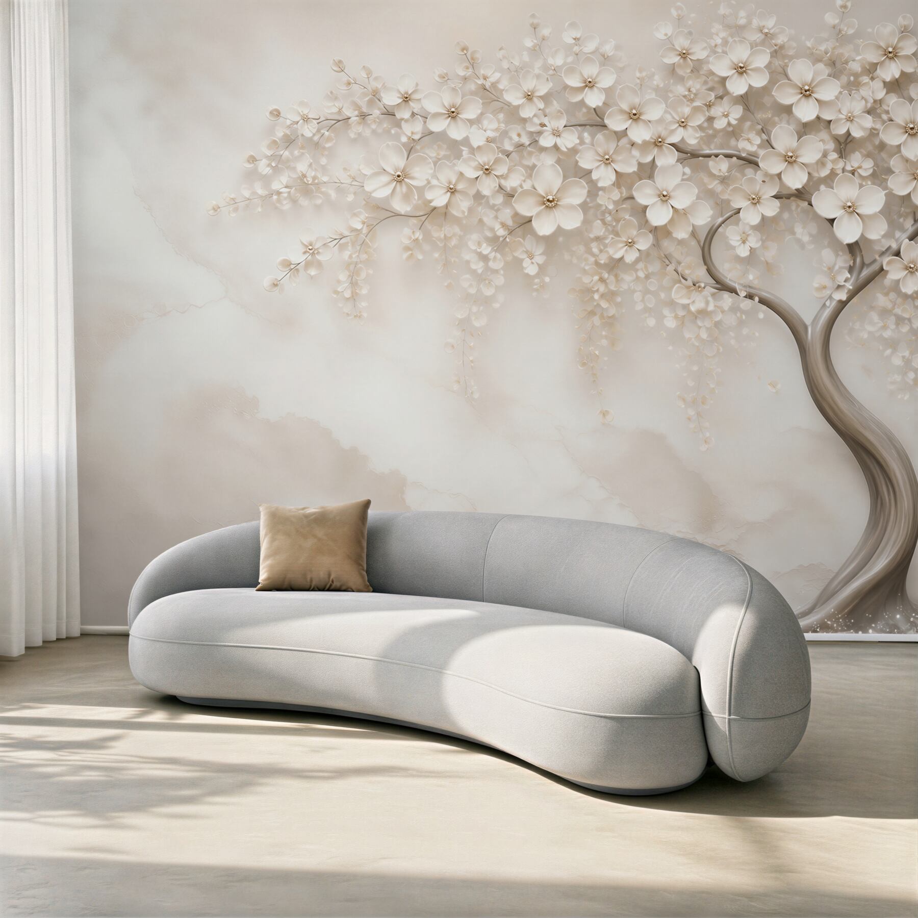 Fototapeta kwitnące drzewo z białymi kwiatami beżowa elegancka
