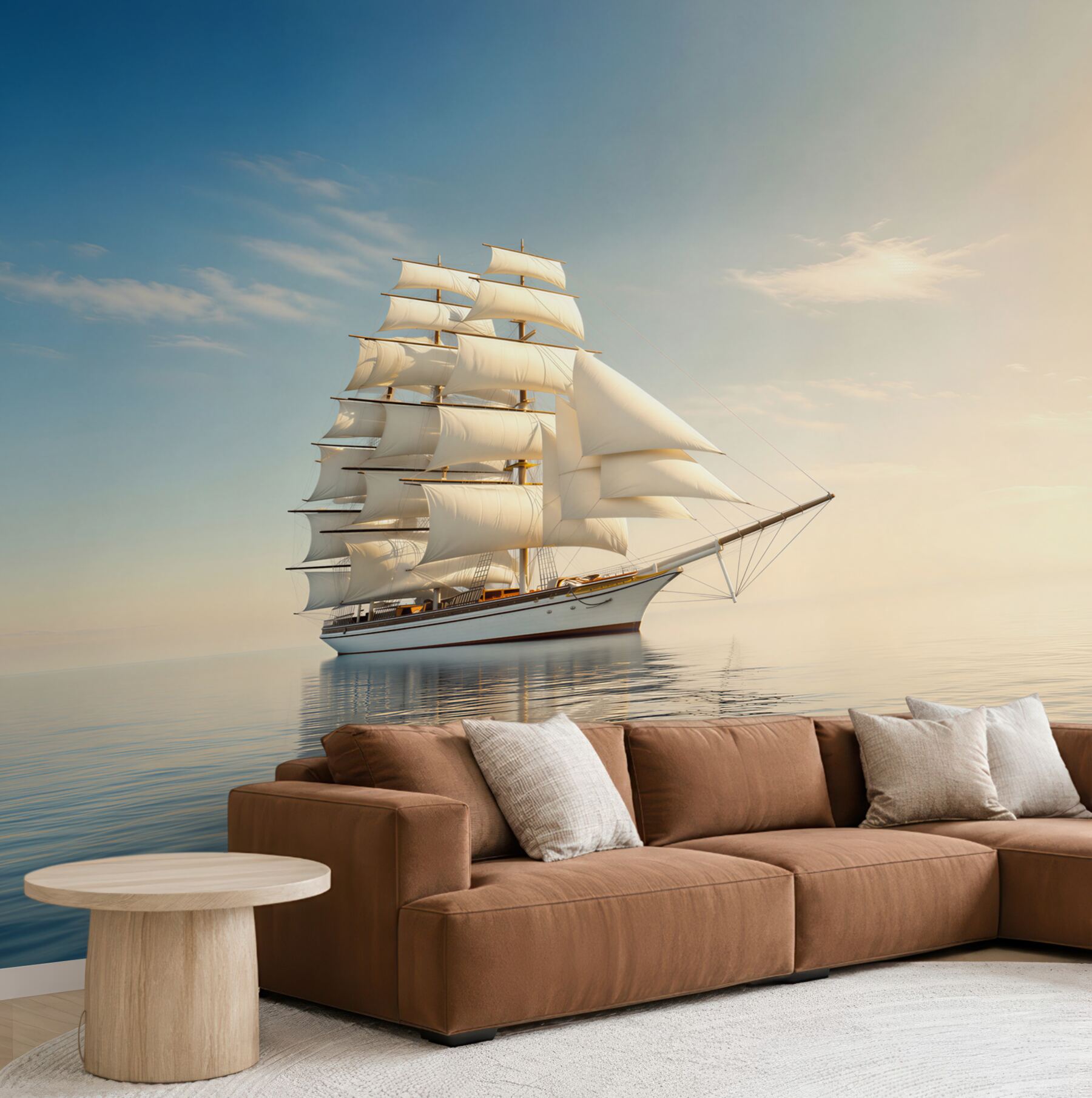 Fototapeta biały żaglowiec na spokojnym morzu o wschodzie słońca