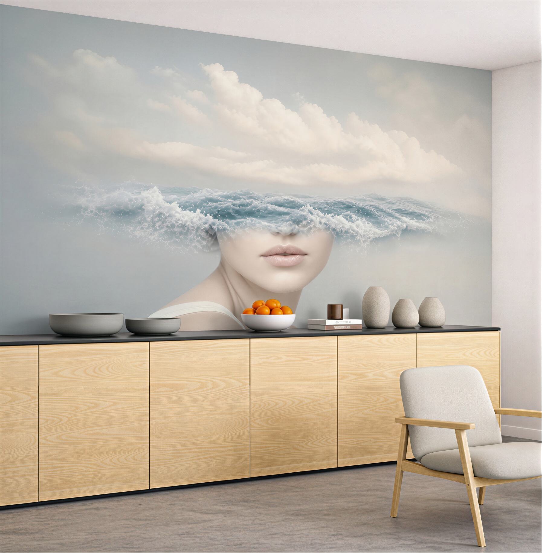 Fototapeta kobieta z falą morską surrealistyczna w delikatnych błękitach
