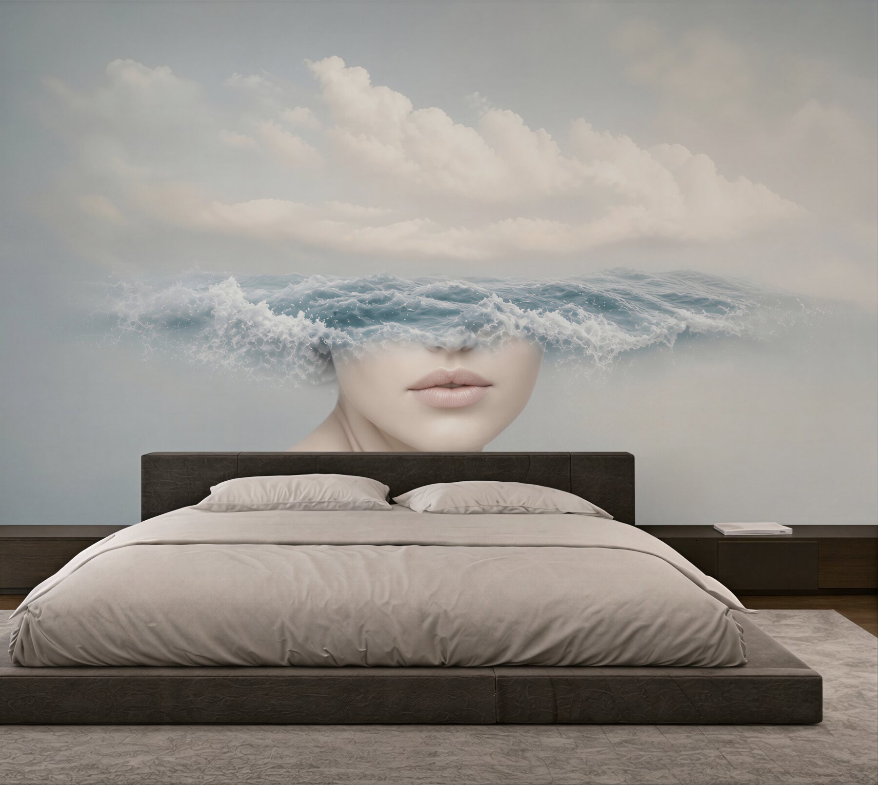 Fototapeta kobieta z falą morską surrealistyczna w delikatnych błękitach