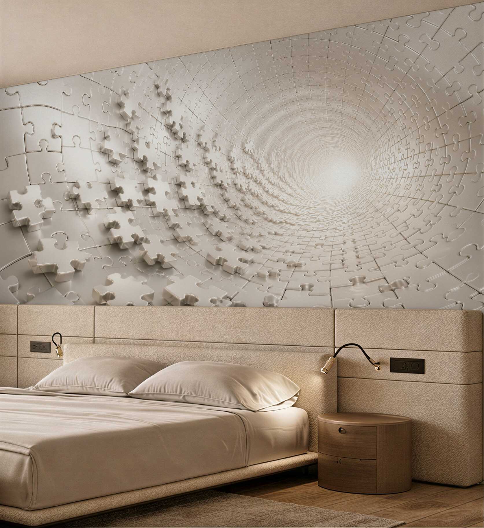 Fototapeta tunel z puzzli 3D beżowy nowoczesna abstrakcja