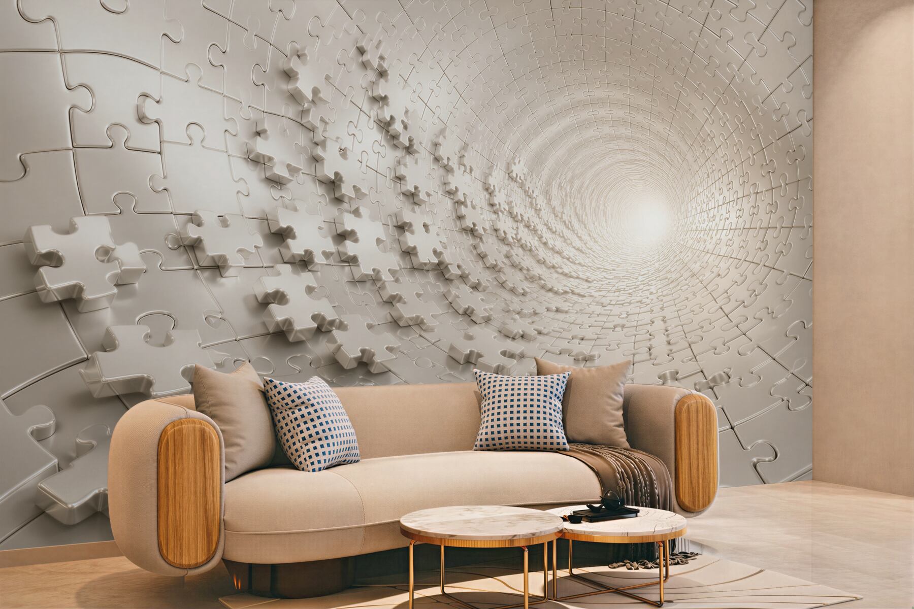 Fototapeta tunel z puzzli 3D beżowy nowoczesna abstrakcja