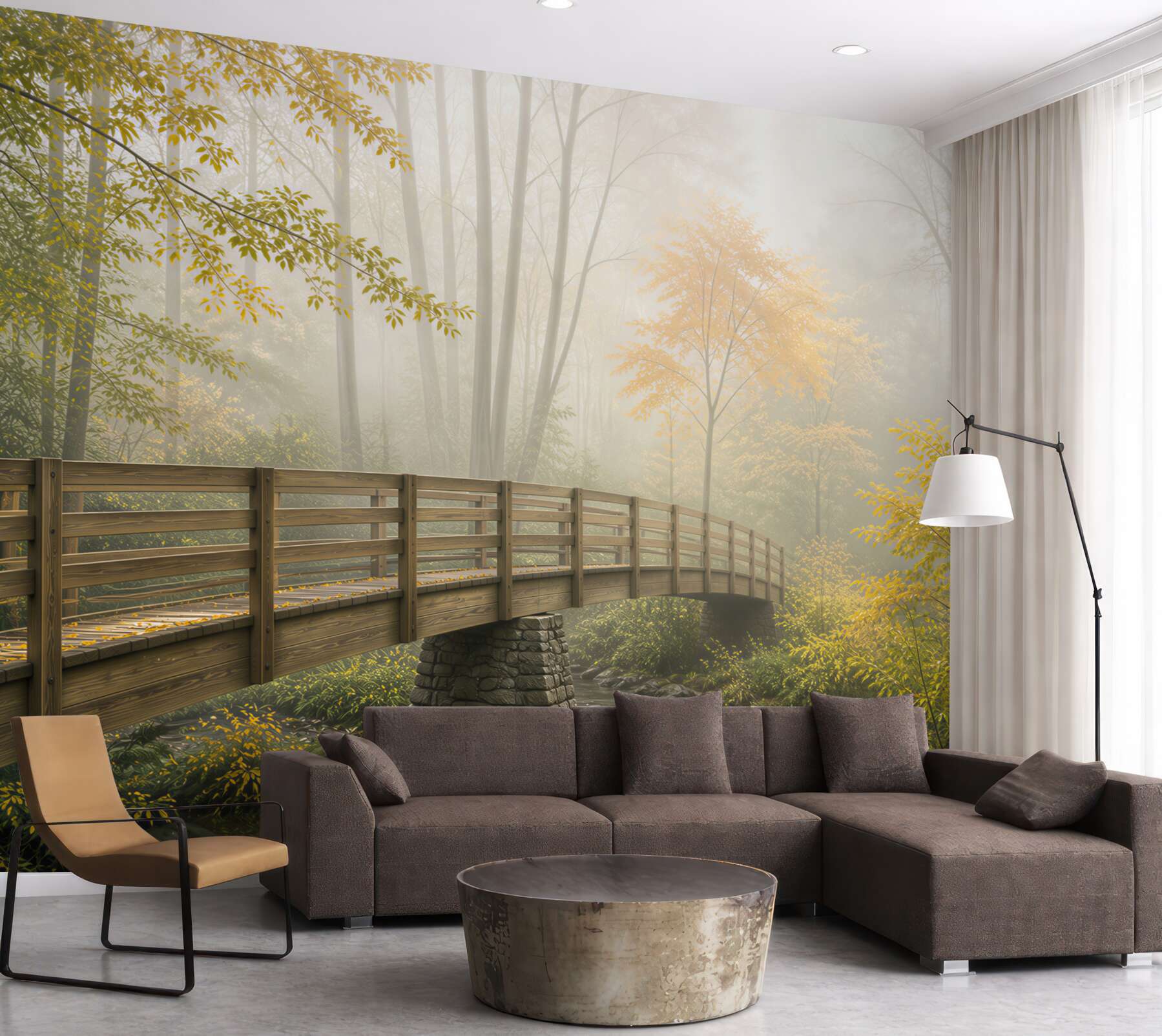 Fototapeta drewniany mostek w mglistym lesie nad strumieniem spokojna natura