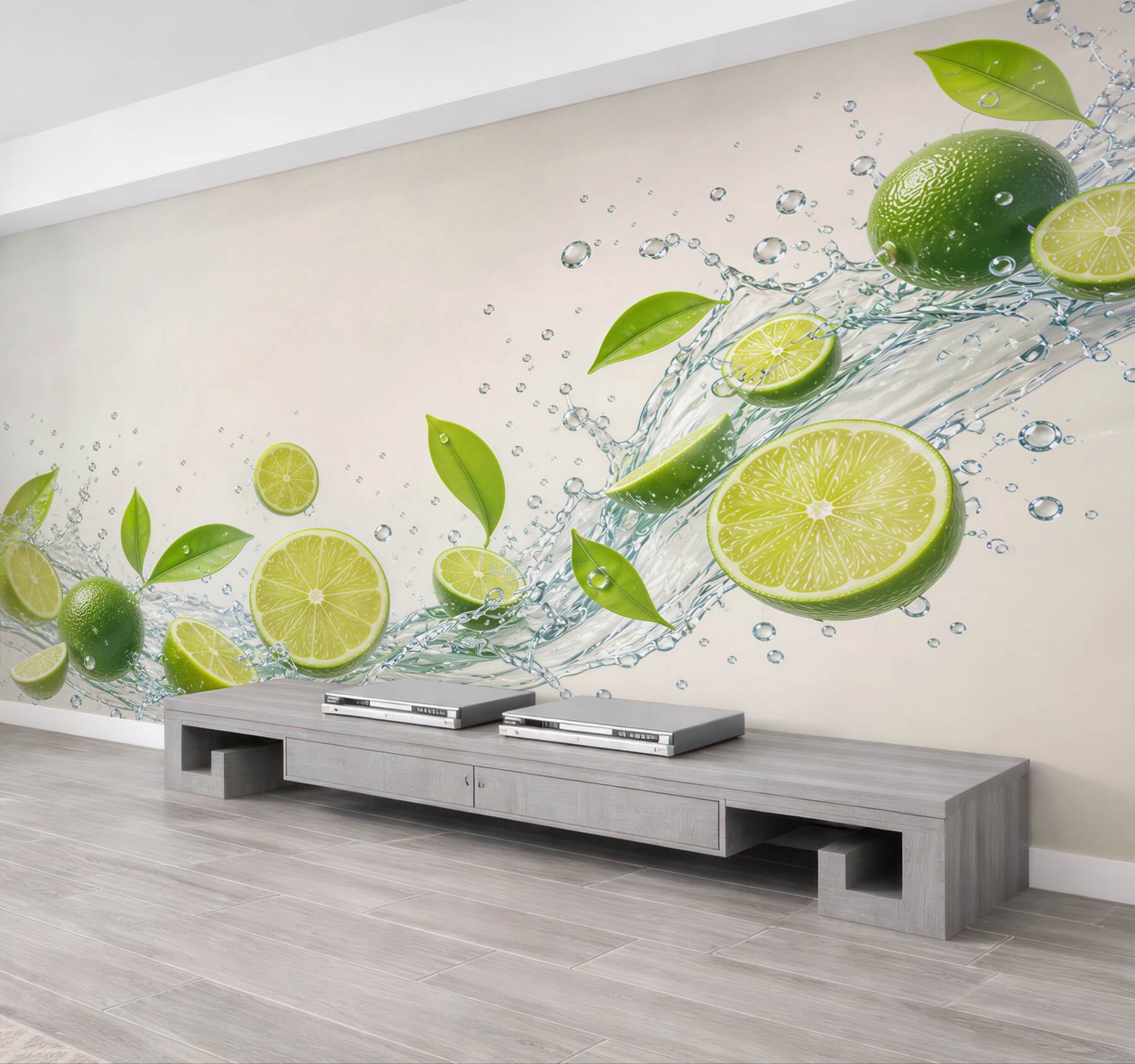 Fototapeta limonki z wodą i zielonymi liśćmi do nowoczesnej kuchni