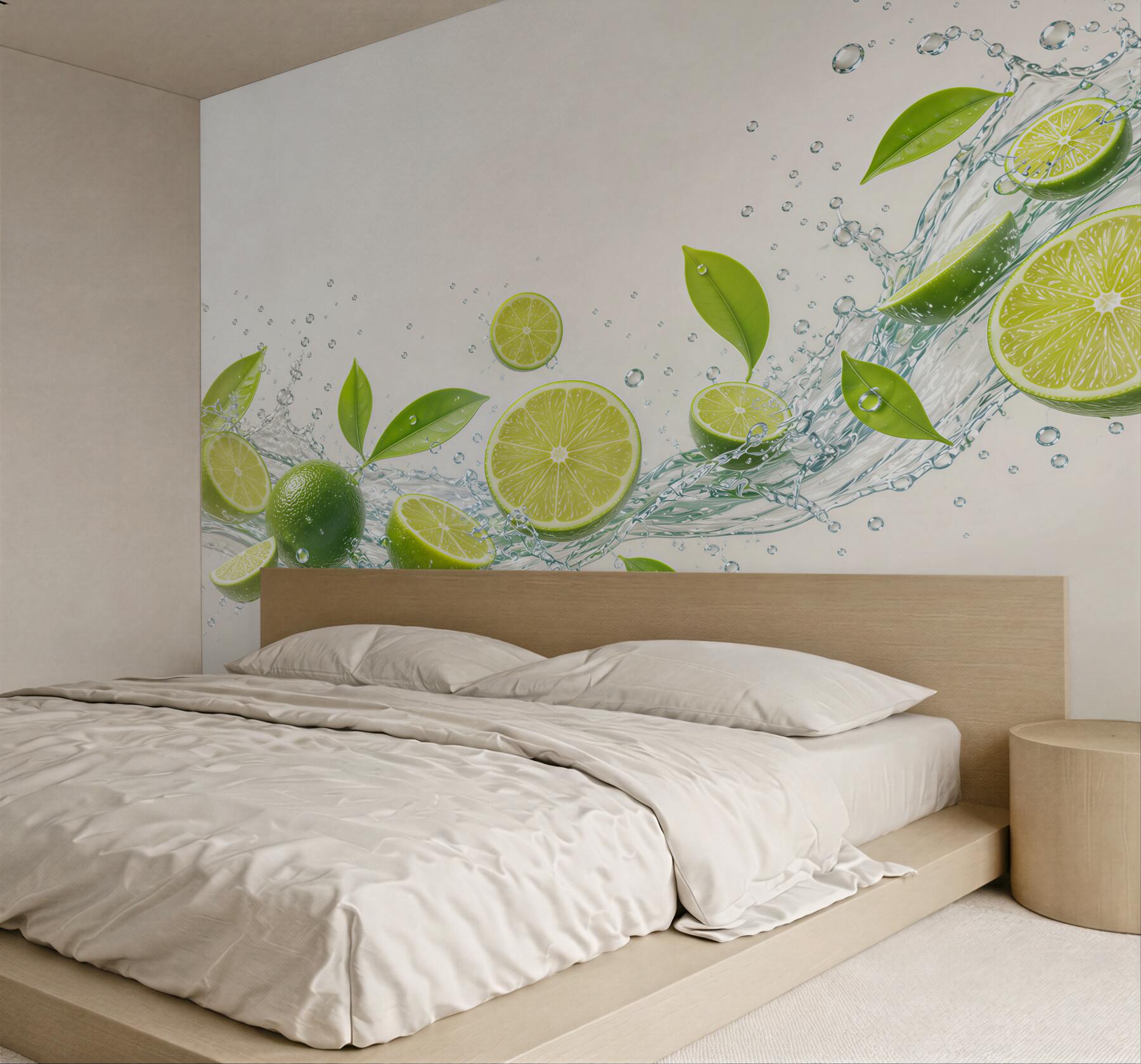 Fototapeta limonki z wodą i zielonymi liśćmi do nowoczesnej kuchni