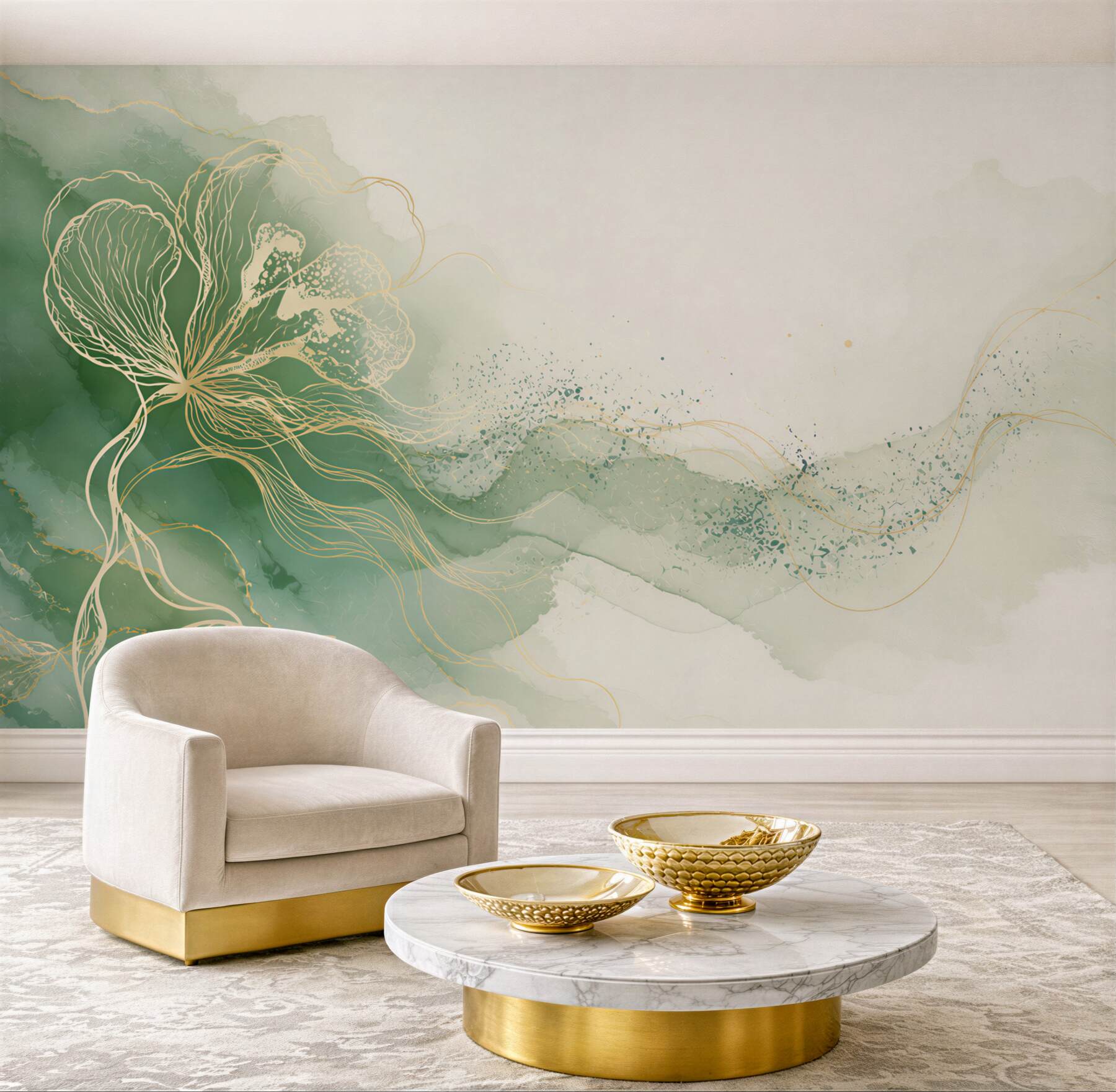 Fototapeta abstrakcyjny kwiat zielono beżowy ze złotą linią elegancka
