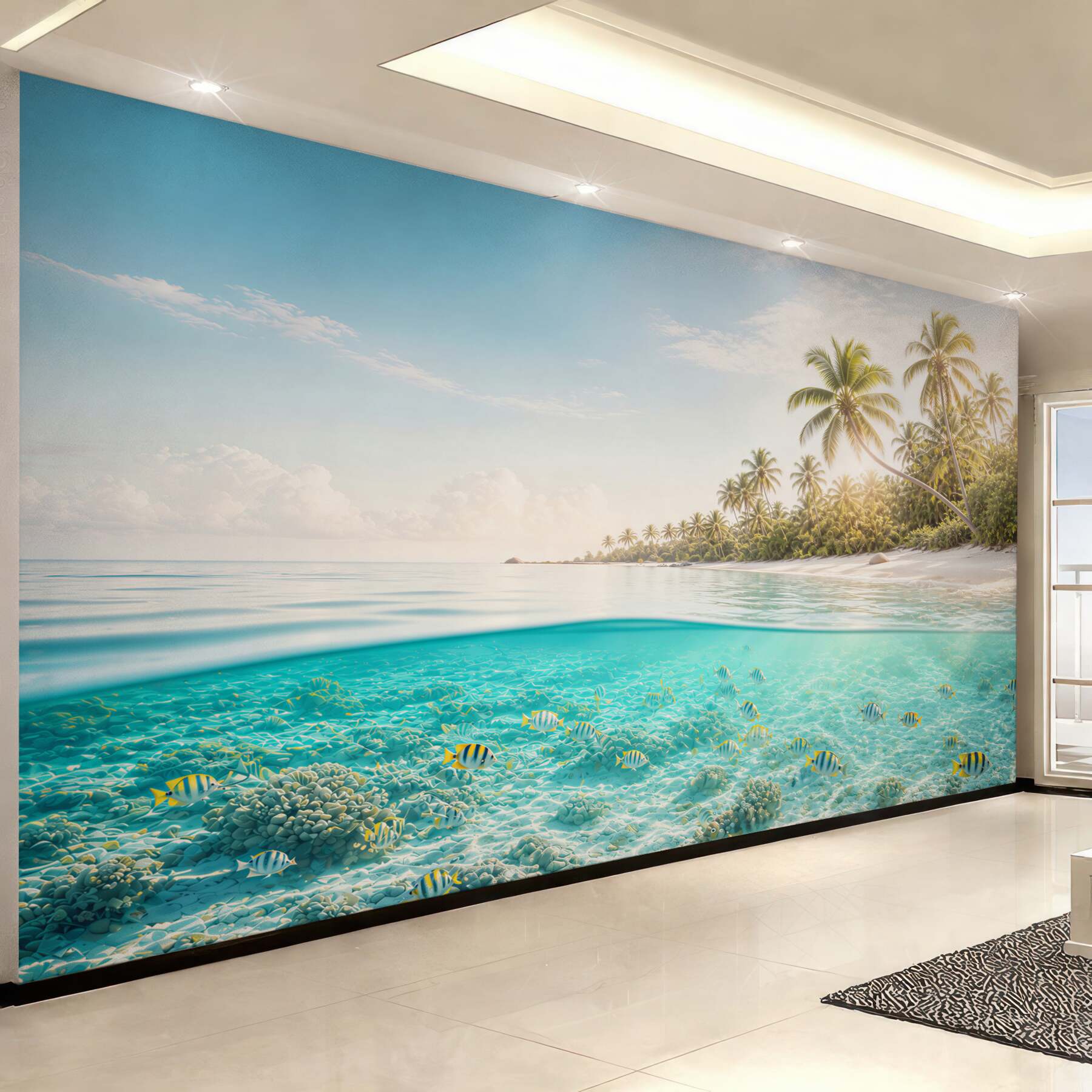 Fototapeta tropikalna plaża z palmami i turkusową wodą oceaniczną