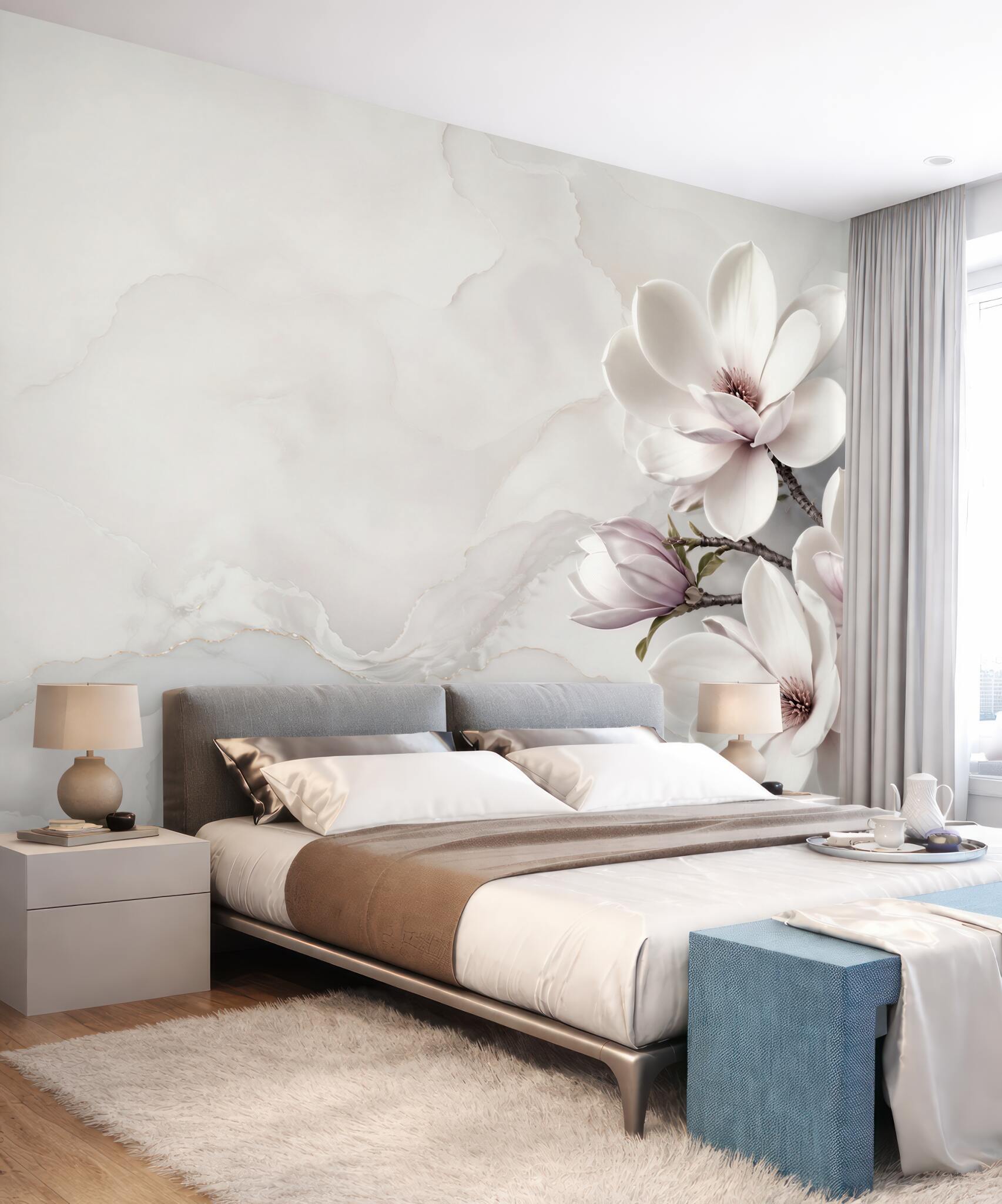 Fototapeta magnolie białe i pudroworóżowe na jasnym marmurowym tle