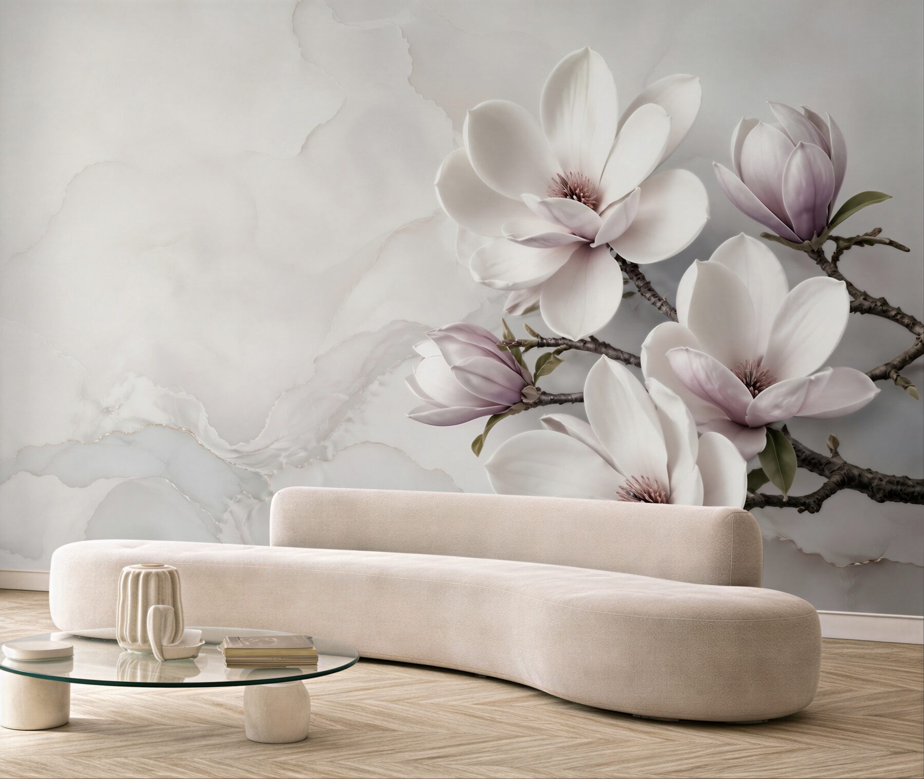 Fototapeta magnolie białe i pudroworóżowe na jasnym marmurowym tle