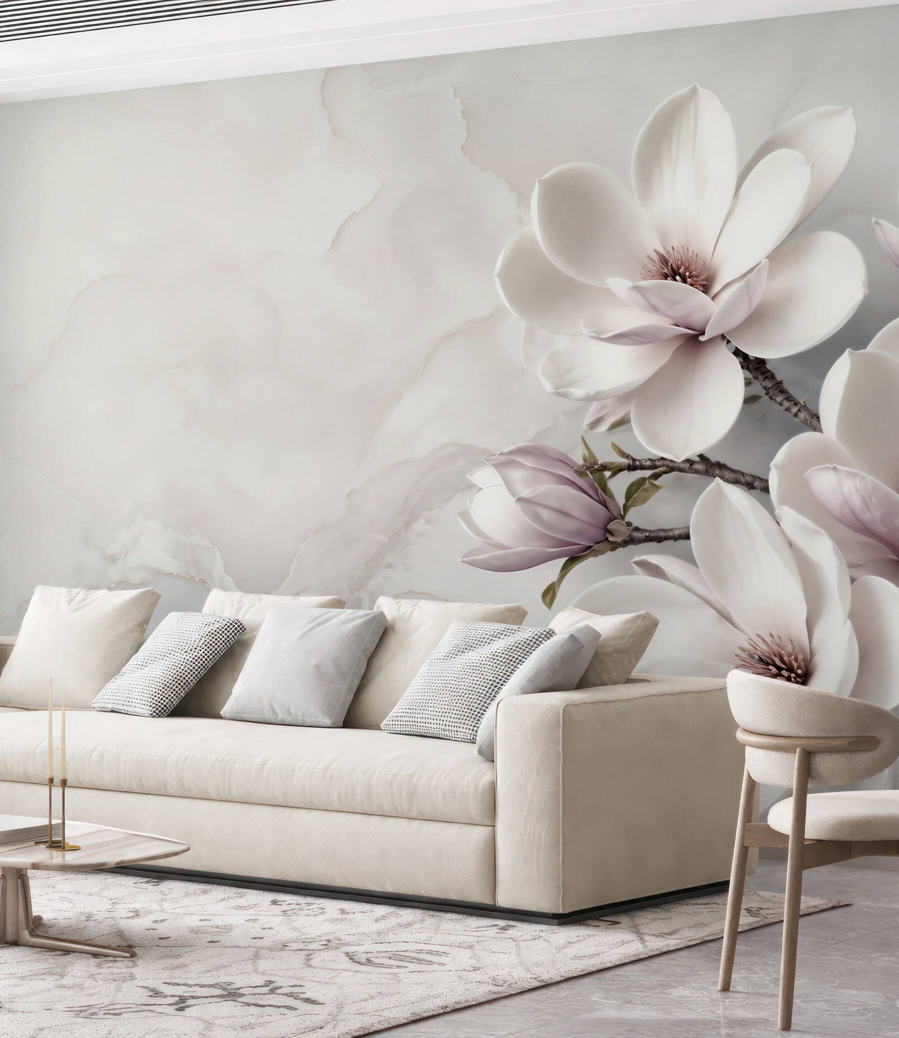 Fototapeta magnolie białe i pudroworóżowe na jasnym marmurowym tle