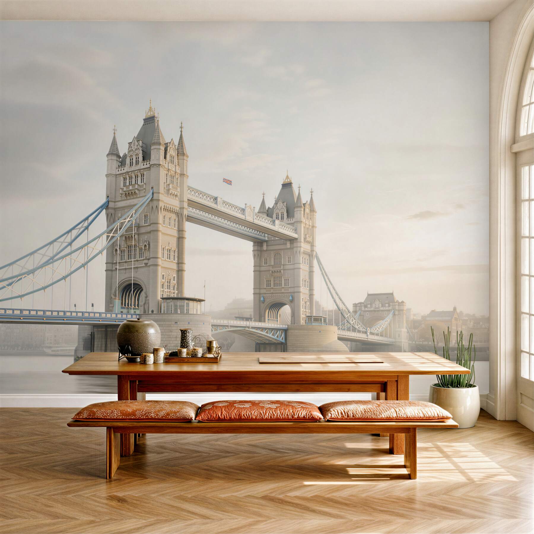 Fototapeta Tower Bridge w Londynie we mgle pastelowy pejzaż miejski