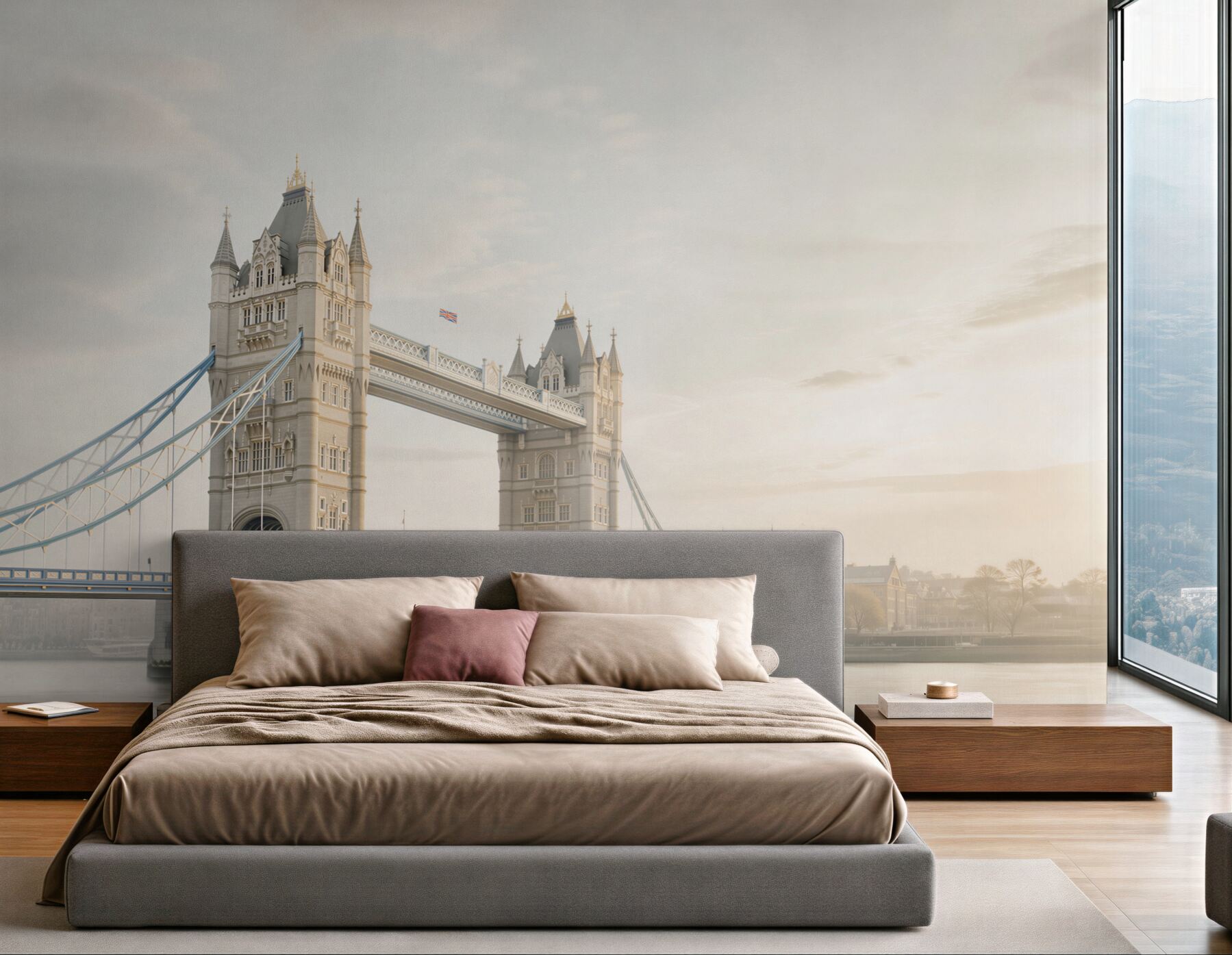 Fototapeta Tower Bridge w Londynie we mgle pastelowy pejzaż miejski