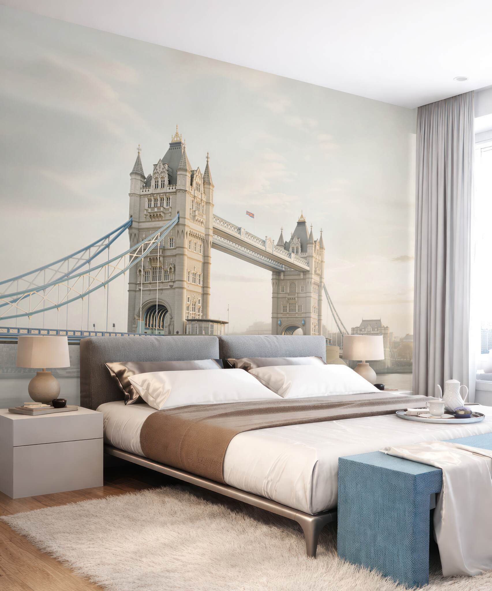 Fototapeta Tower Bridge w Londynie we mgle pastelowy pejzaż miejski