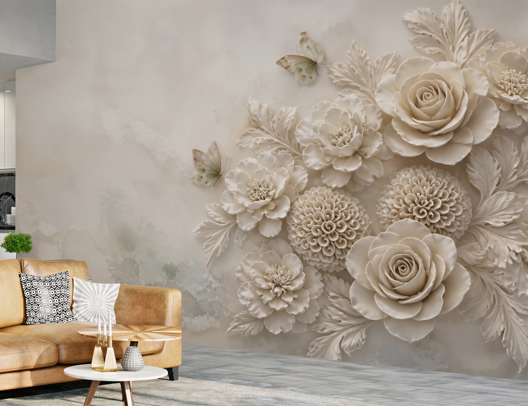 Fototapeta kwiaty 3D beżowe róże i piwonie z motylami elegancka