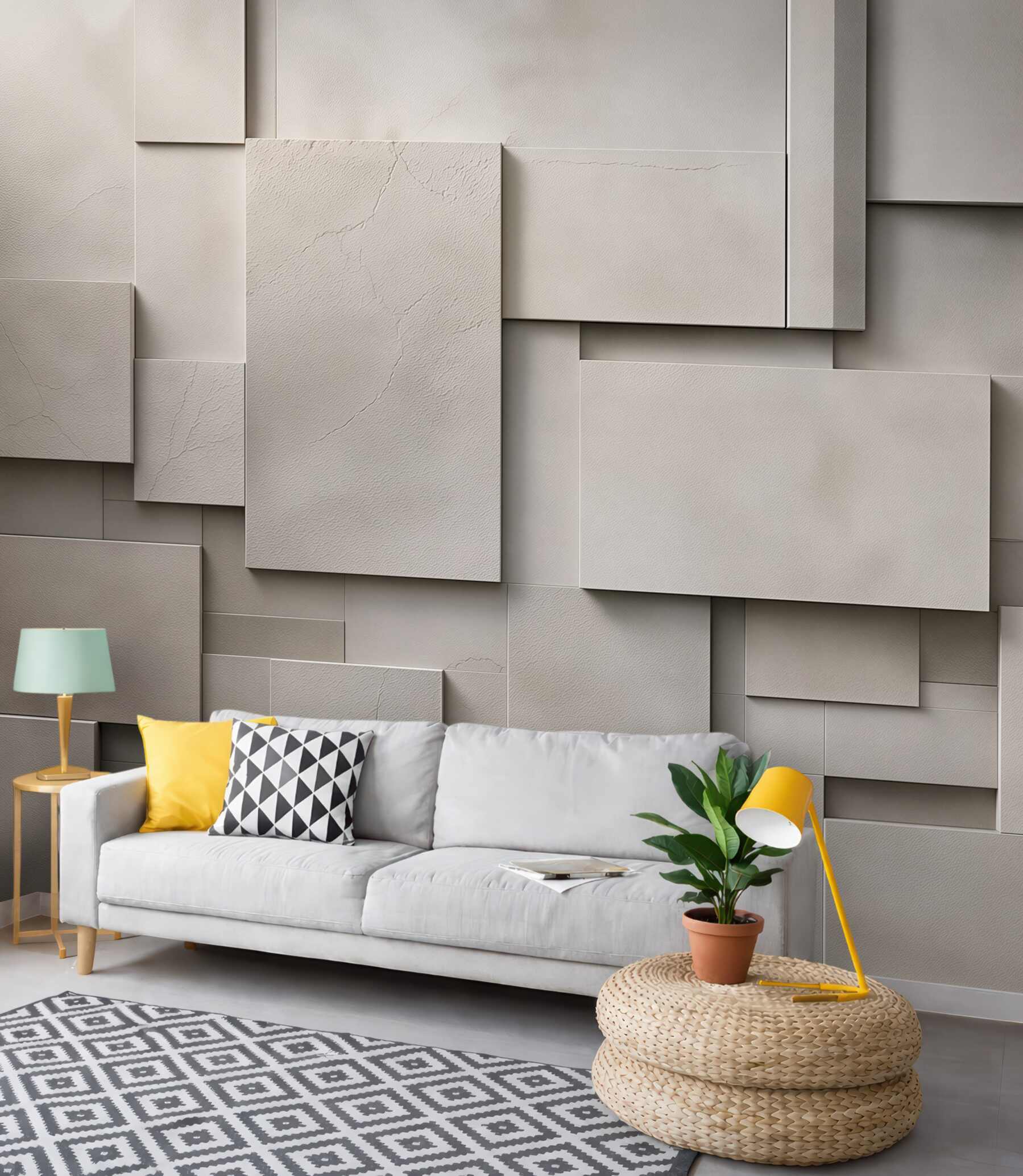 Fototapeta geometryczne panele 3D beżowe nowoczesna abstrakcja do salonu