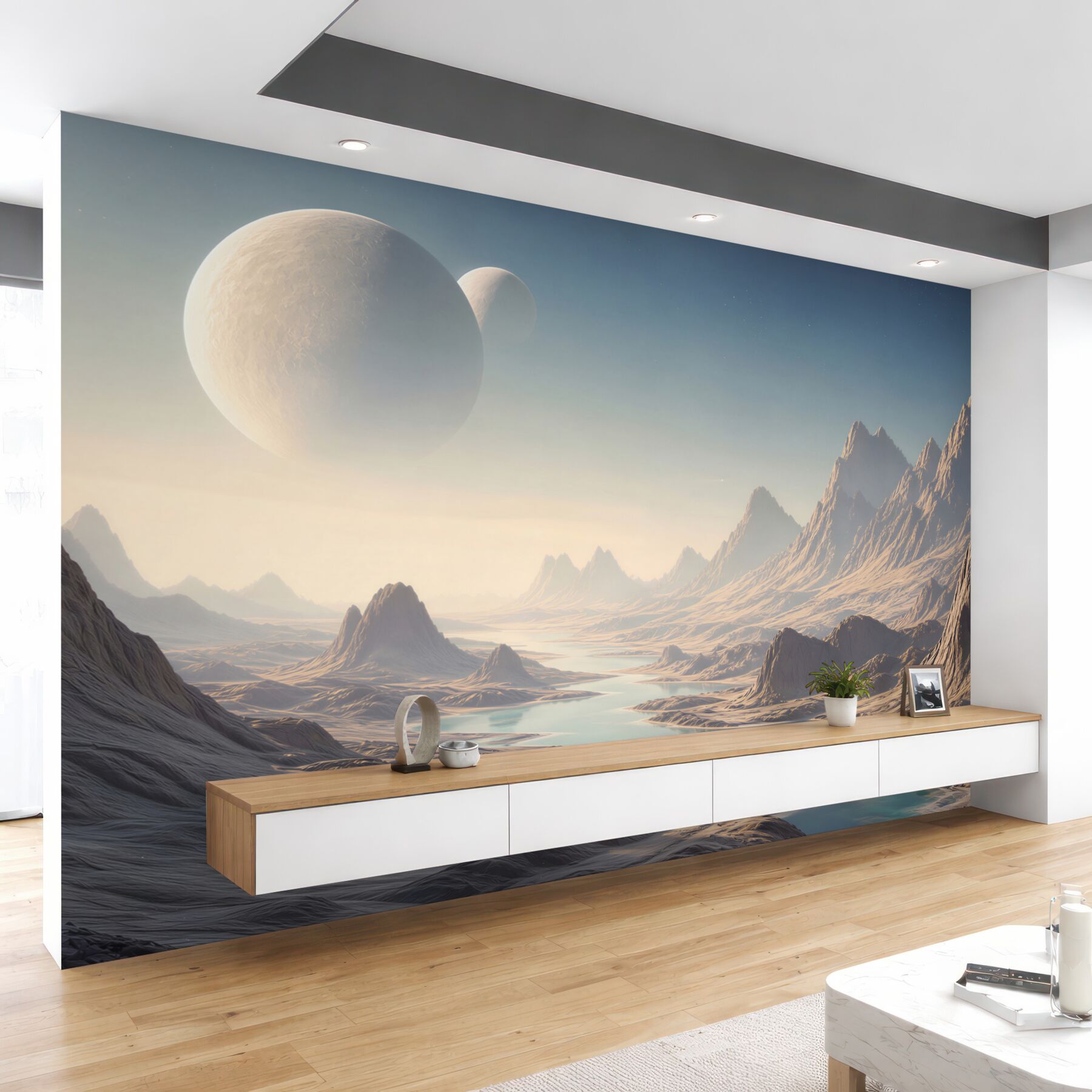Fototapeta kosmiczny krajobraz z planetami i błękitnym jeziorem