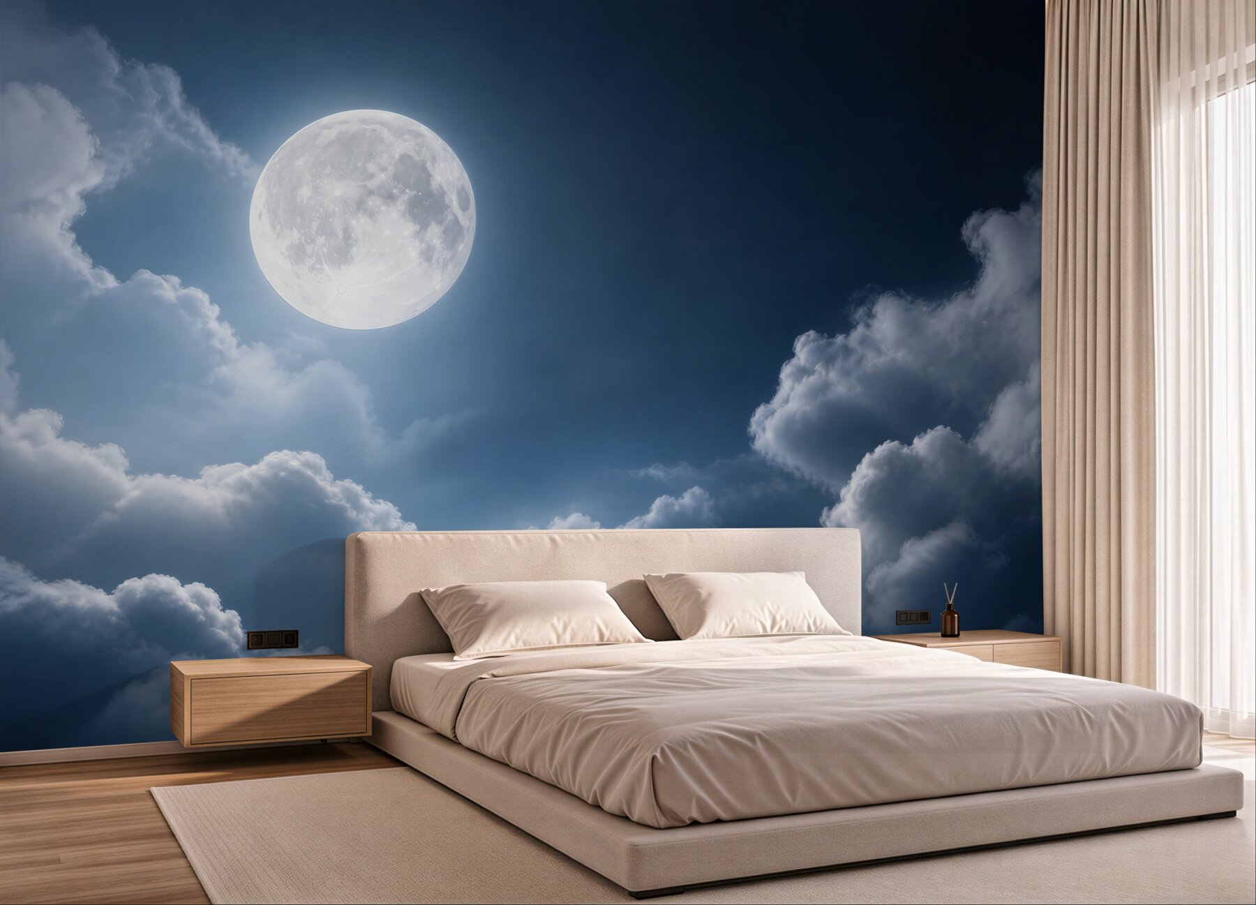 Fototapeta pełnia księżyca wśród chmur nocne niebo