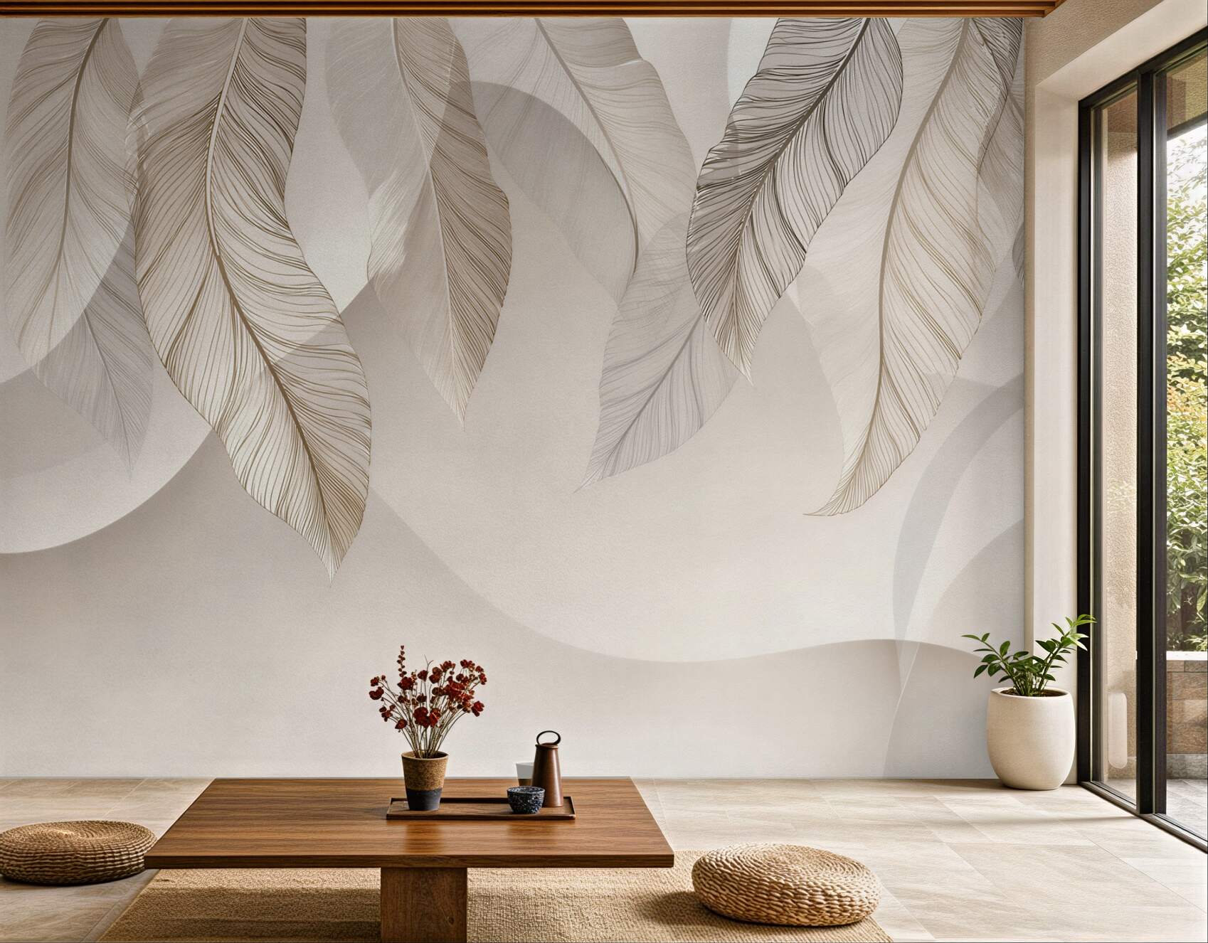 Fototapeta delikatne liście beżowe z geometrycznym tłem elegancka
