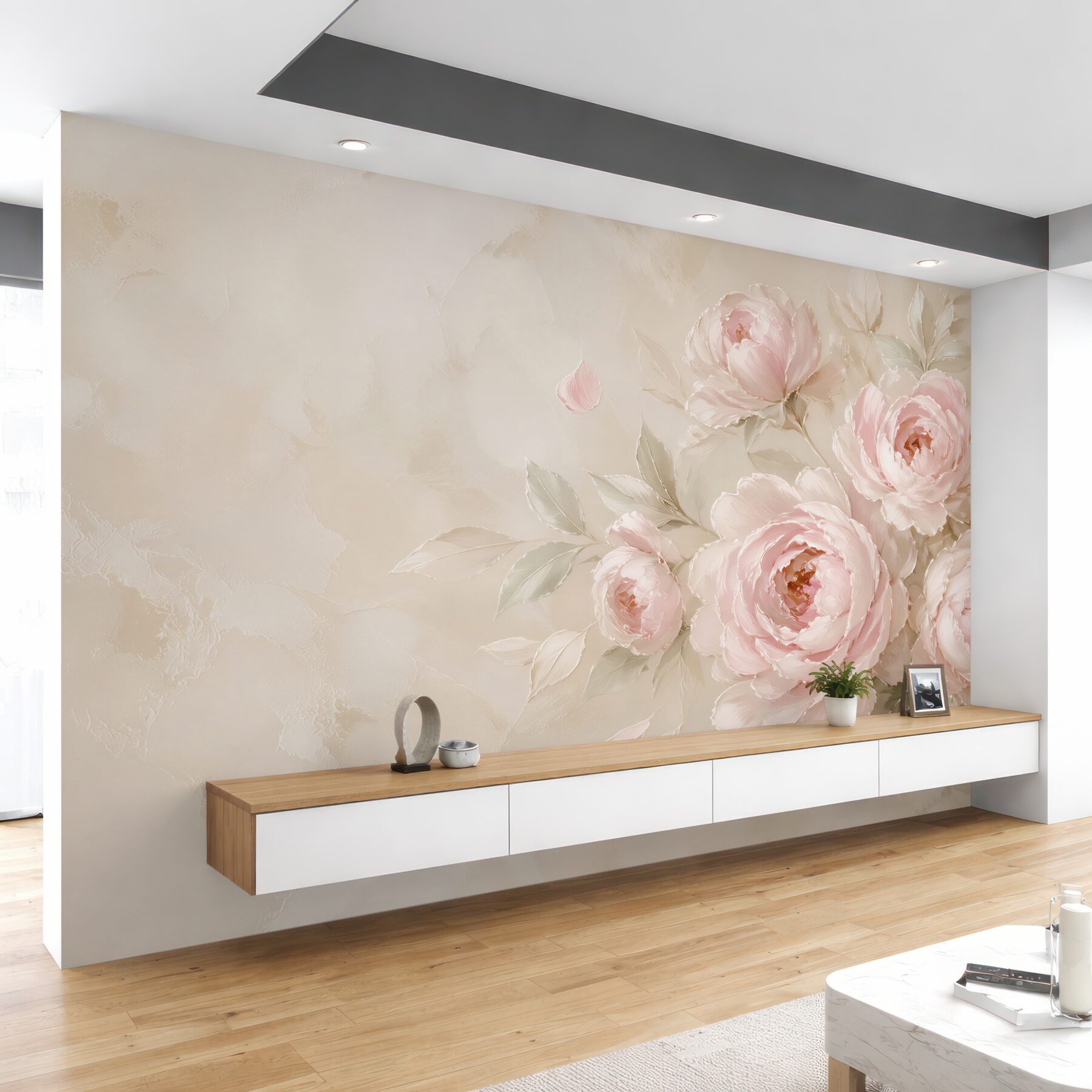 Fototapeta piwonie pudrowy róż na beżowym tle elegancka do sypialni