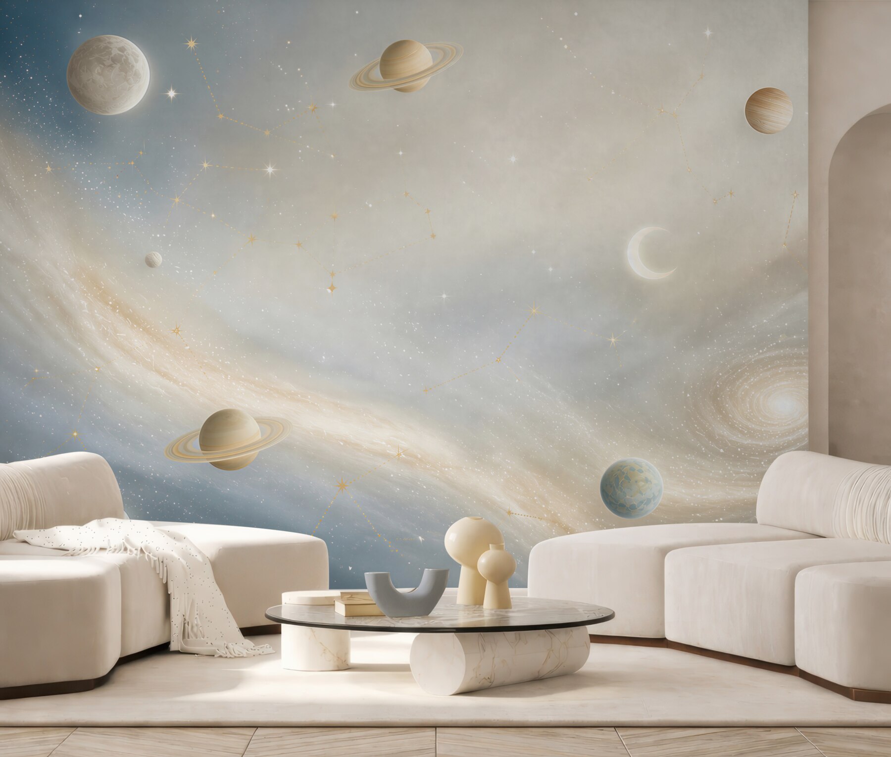 Fototapeta galaktyka z planetami i gwiazdozbiorami w pastelowym niebie