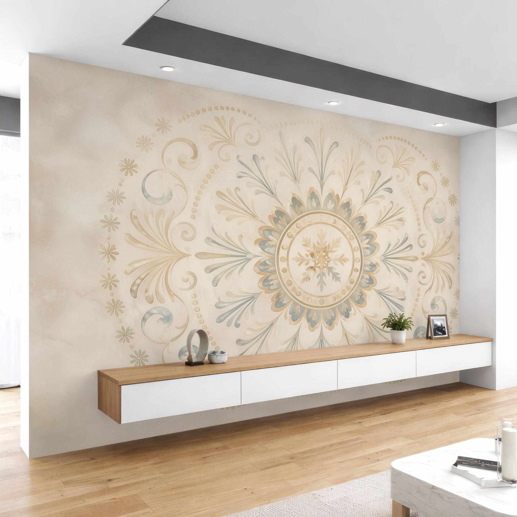 Fototapeta ornament mandala beżowo błękitna subtelna elegancja