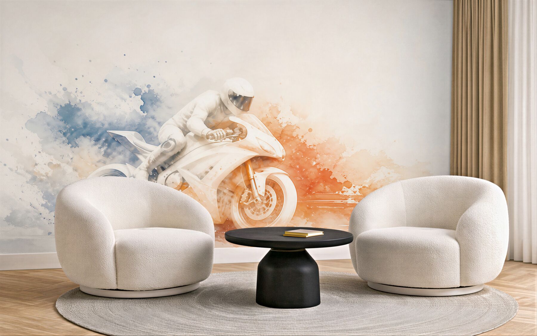 Fototapeta motocykl sportowy akwarela niebiesko pomarańczowa dynamiczna