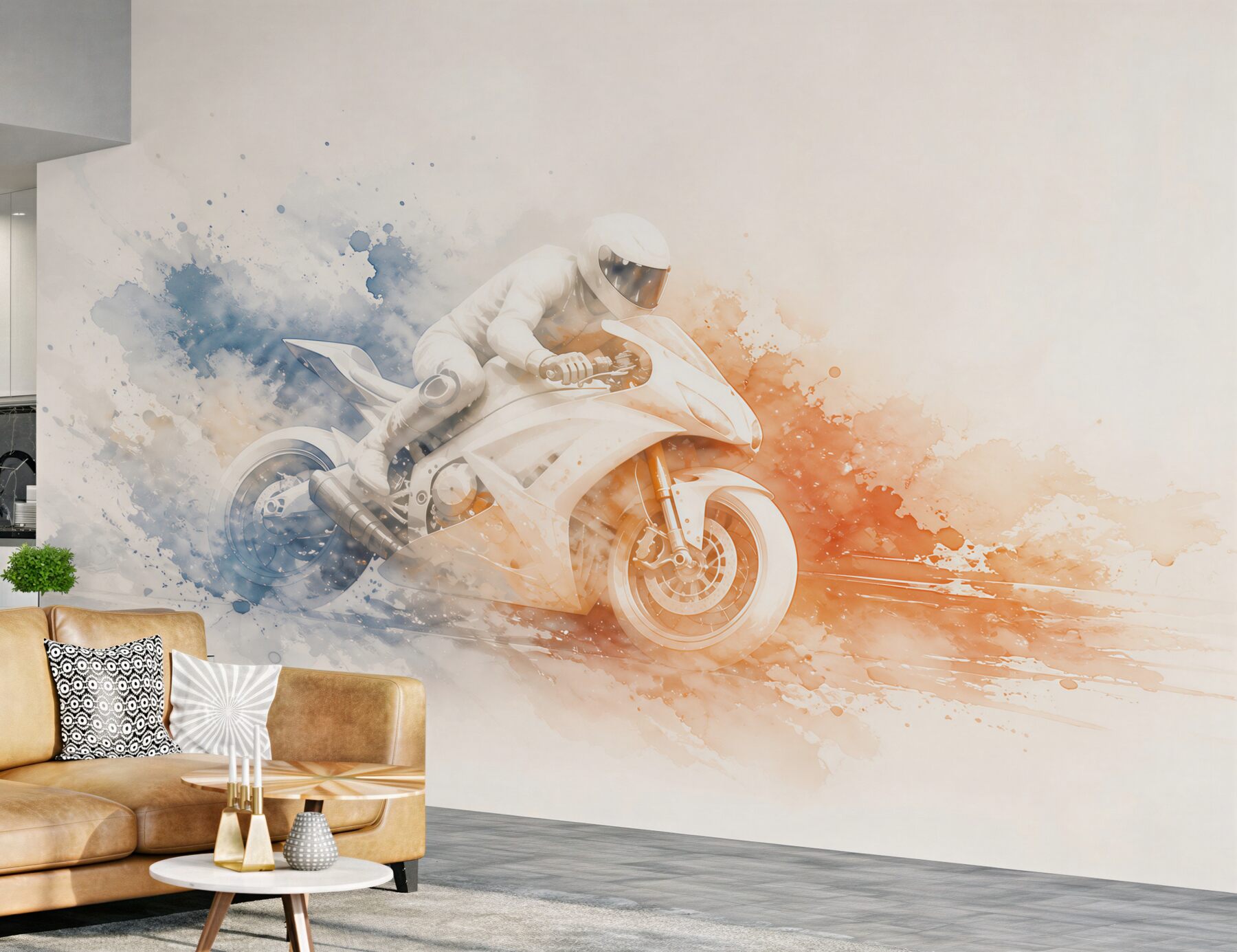 Fototapeta motocykl sportowy akwarela niebiesko pomarańczowa dynamiczna
