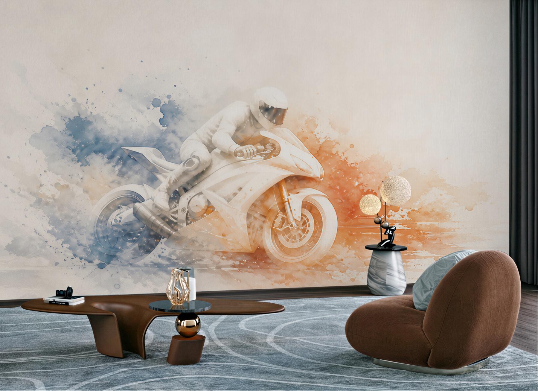 Fototapeta motocykl sportowy akwarela niebiesko pomarańczowa dynamiczna