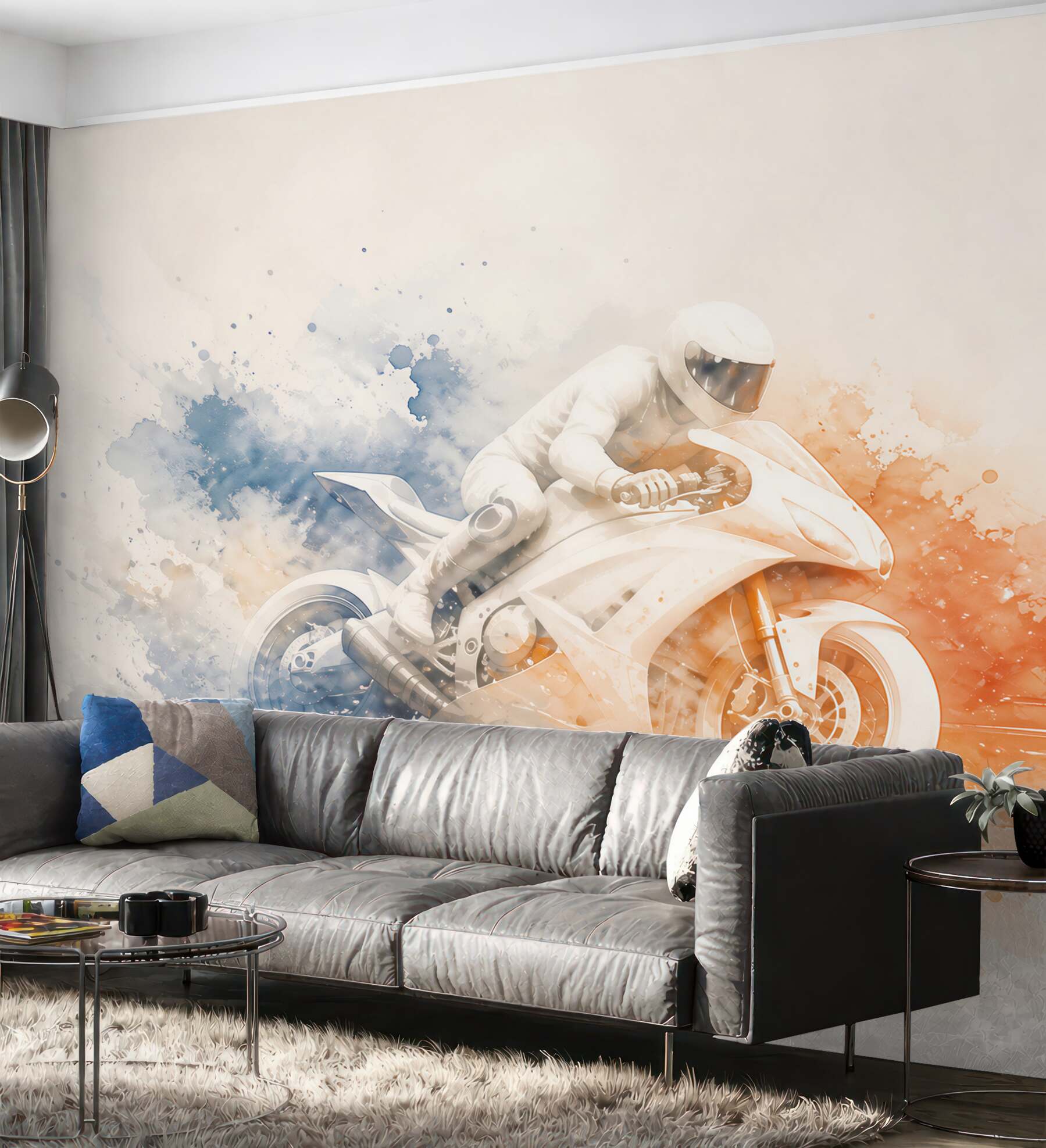 Fototapeta motocykl sportowy akwarela niebiesko pomarańczowa dynamiczna