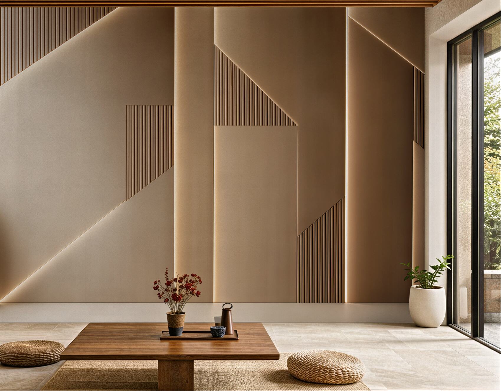 Fototapeta geometryczne panele beżowe z podświetleniem nowoczesna 3D